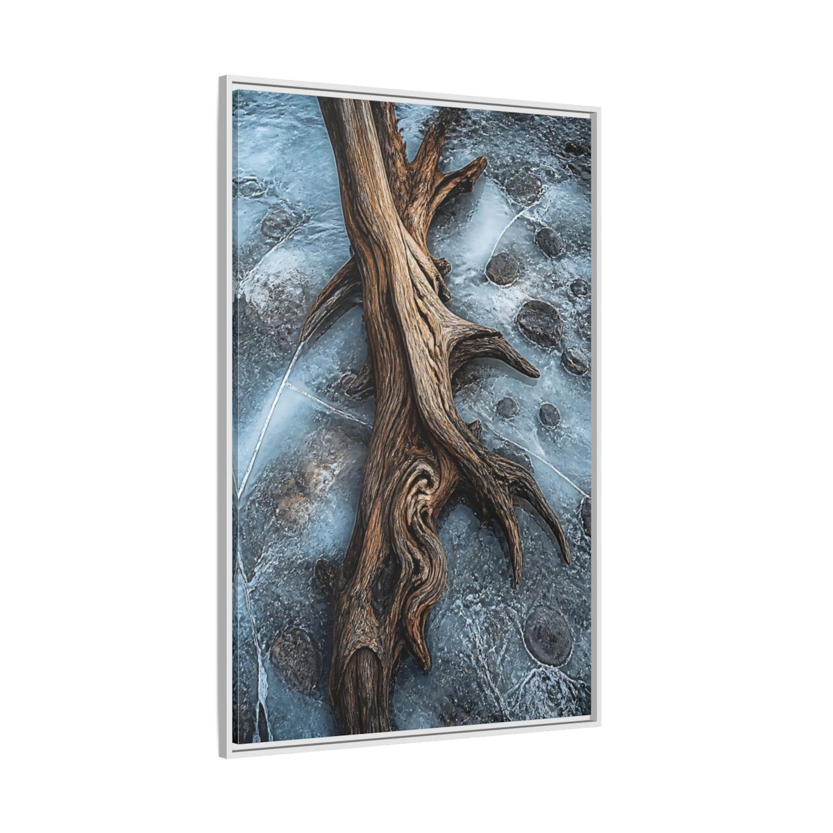 Side Mockup 7. Nature Driftwood Brown And Blue shown as stretched canvas wall art