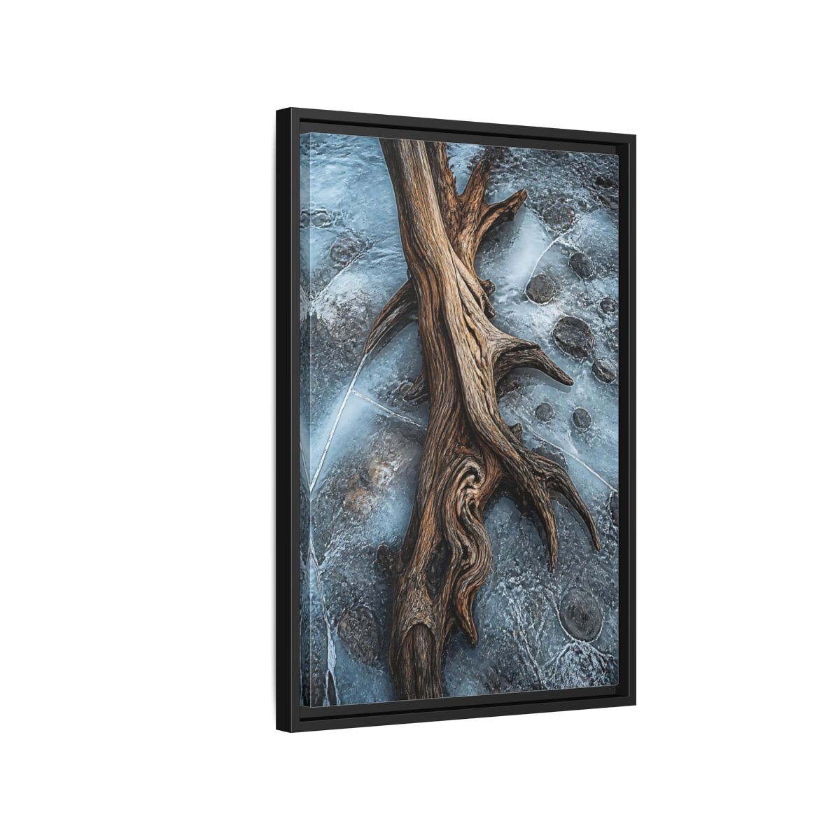 Side Mockup 3. Nature Driftwood Brown And Blue shown as stretched canvas wall art