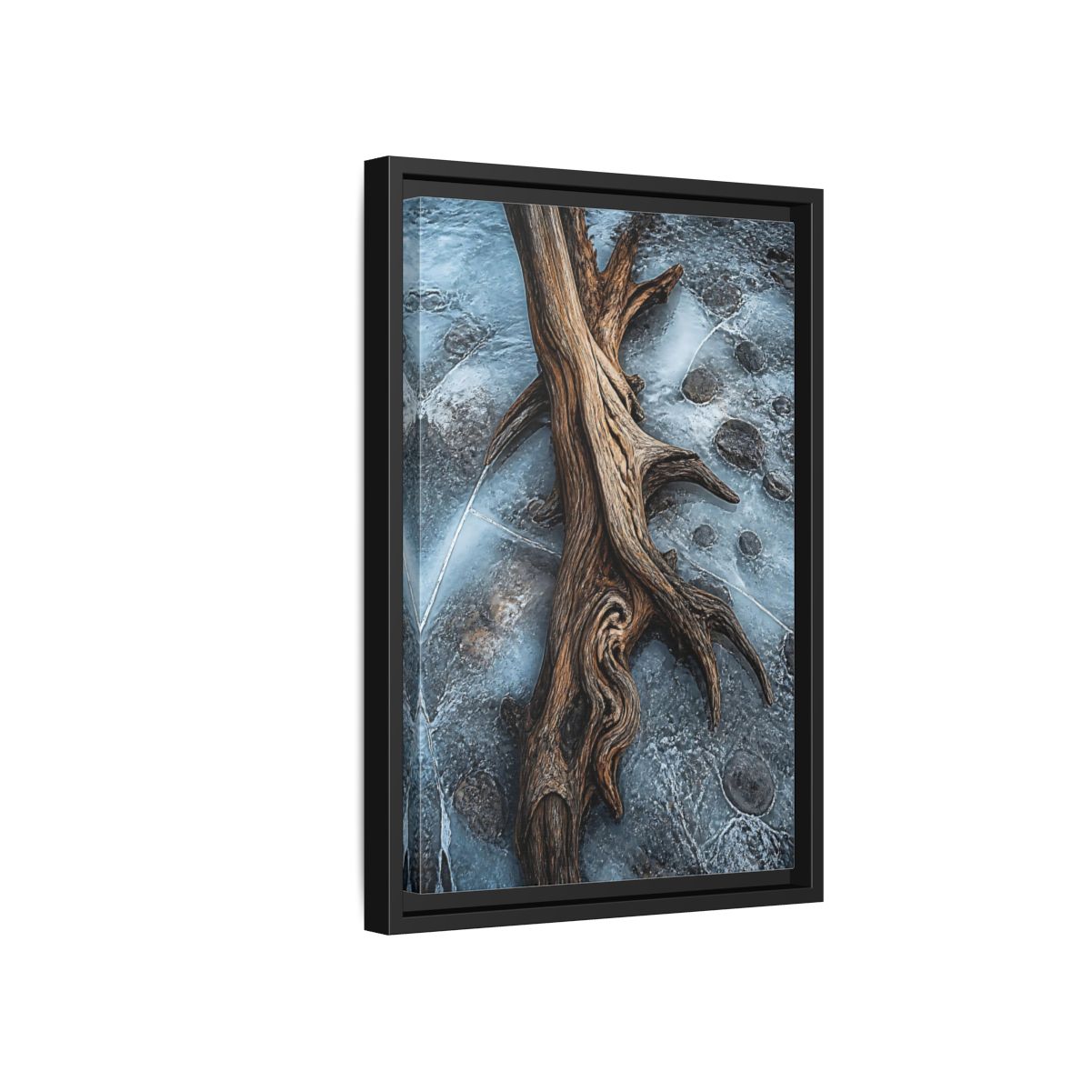 Side Mockup 6. Nature Driftwood Brown And Blue shown as stretched canvas wall art