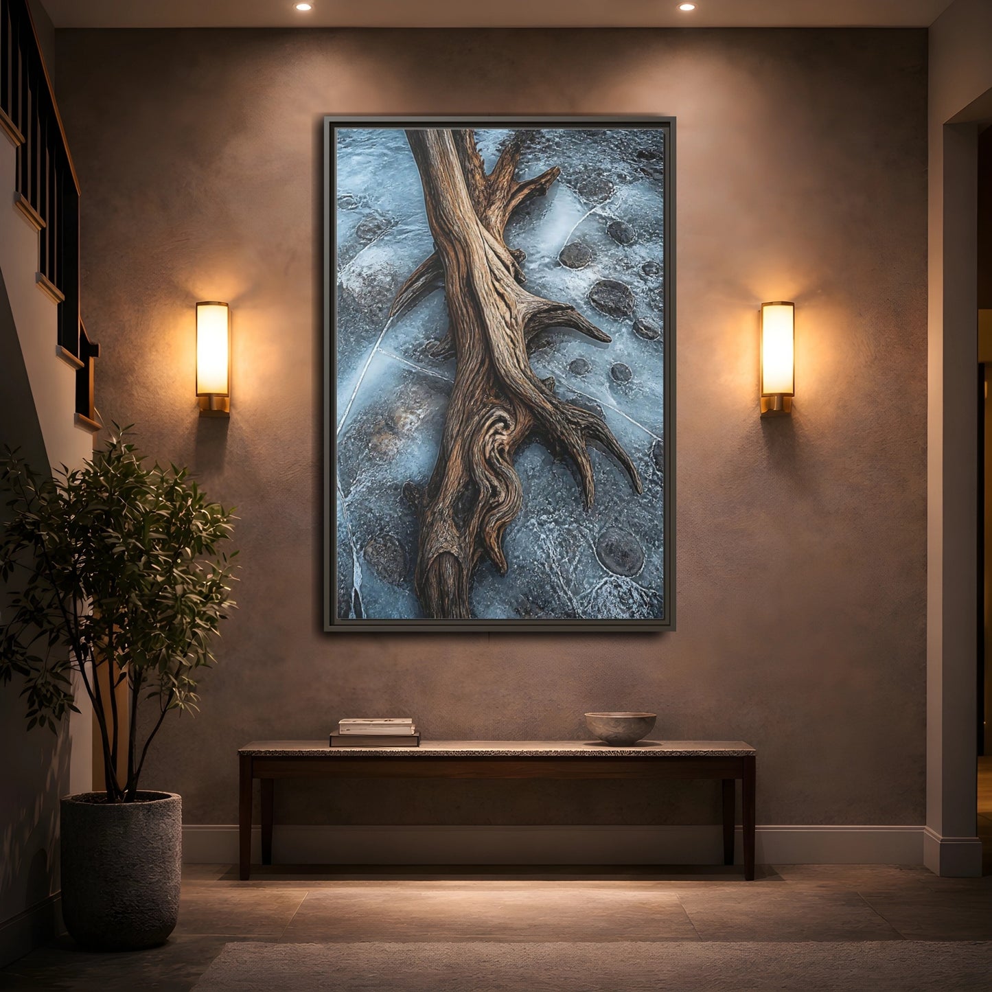 Mockup 2. Nature Driftwood Brown And Blue shown as stretched canvas wall art