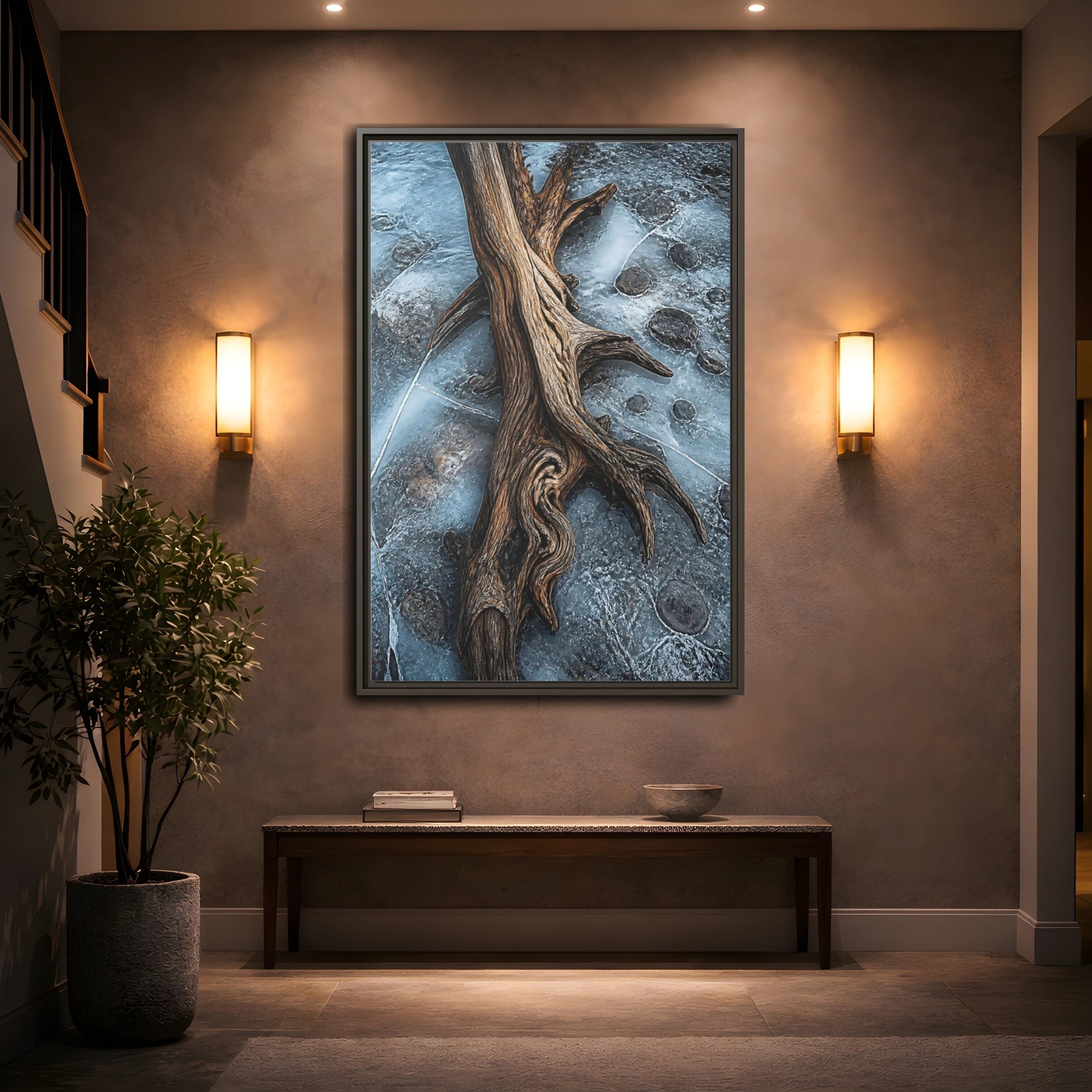Mockup 2. Nature Driftwood Brown And Blue shown as stretched canvas wall art