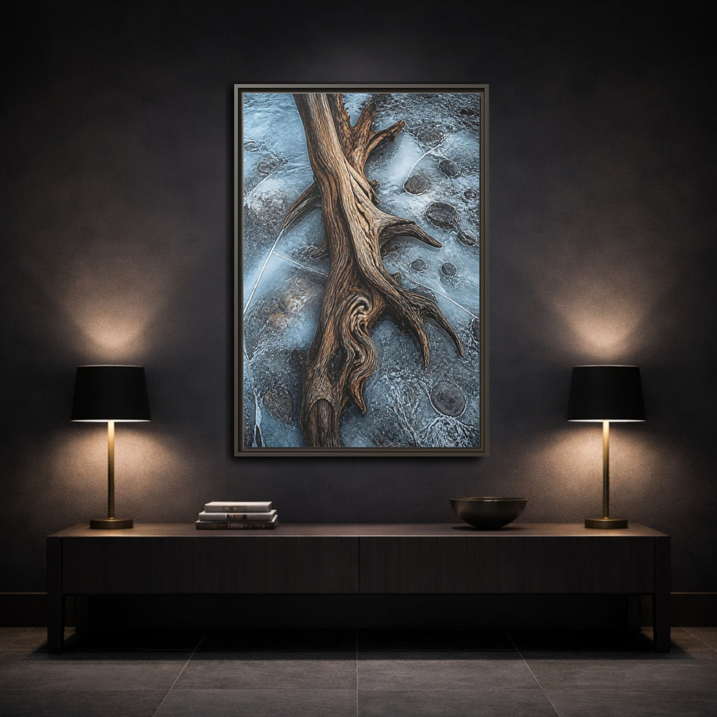 Mockup 3. Nature Driftwood Brown And Blue shown as stretched canvas wall art