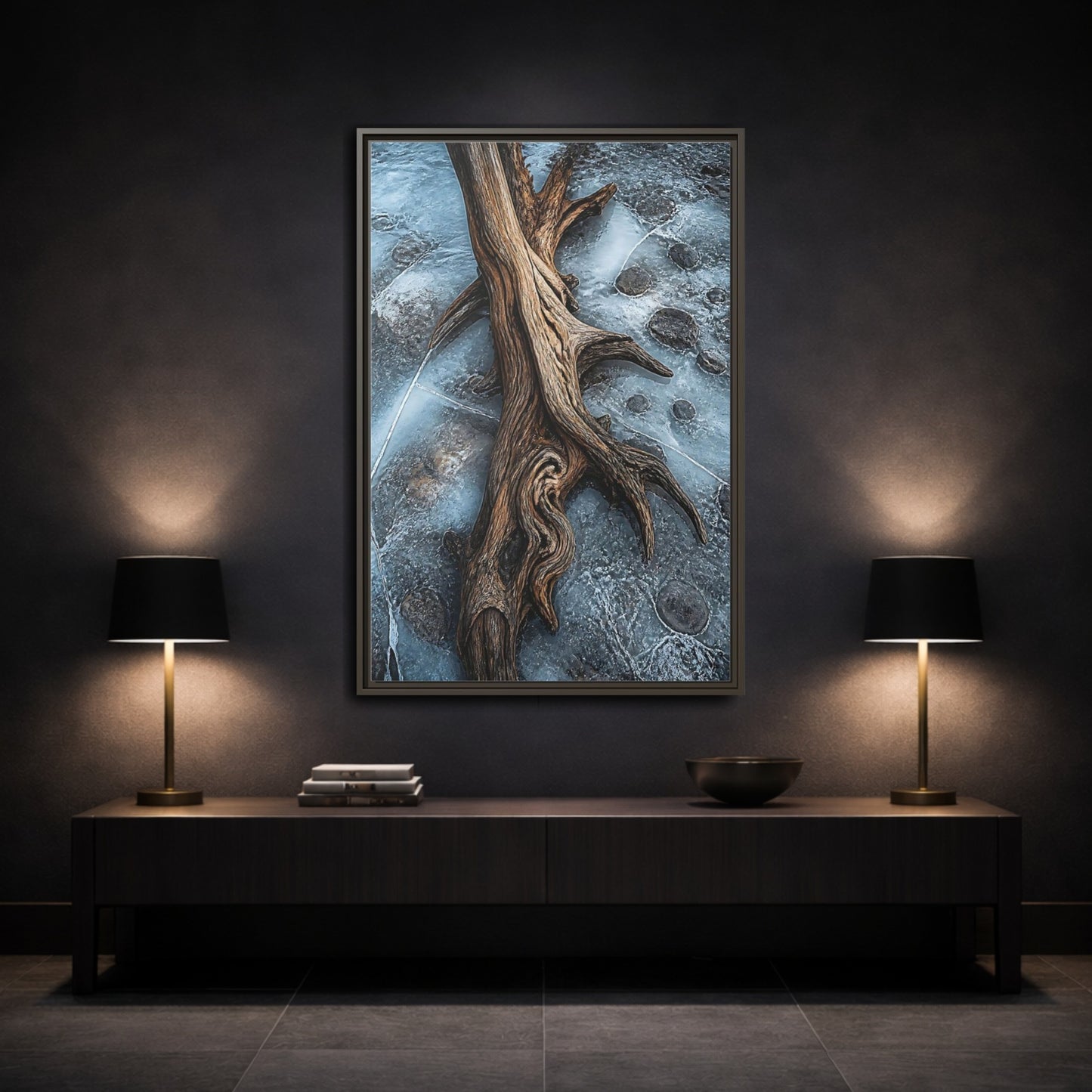 Mockup 3. Nature Driftwood Brown And Blue shown as stretched canvas wall art