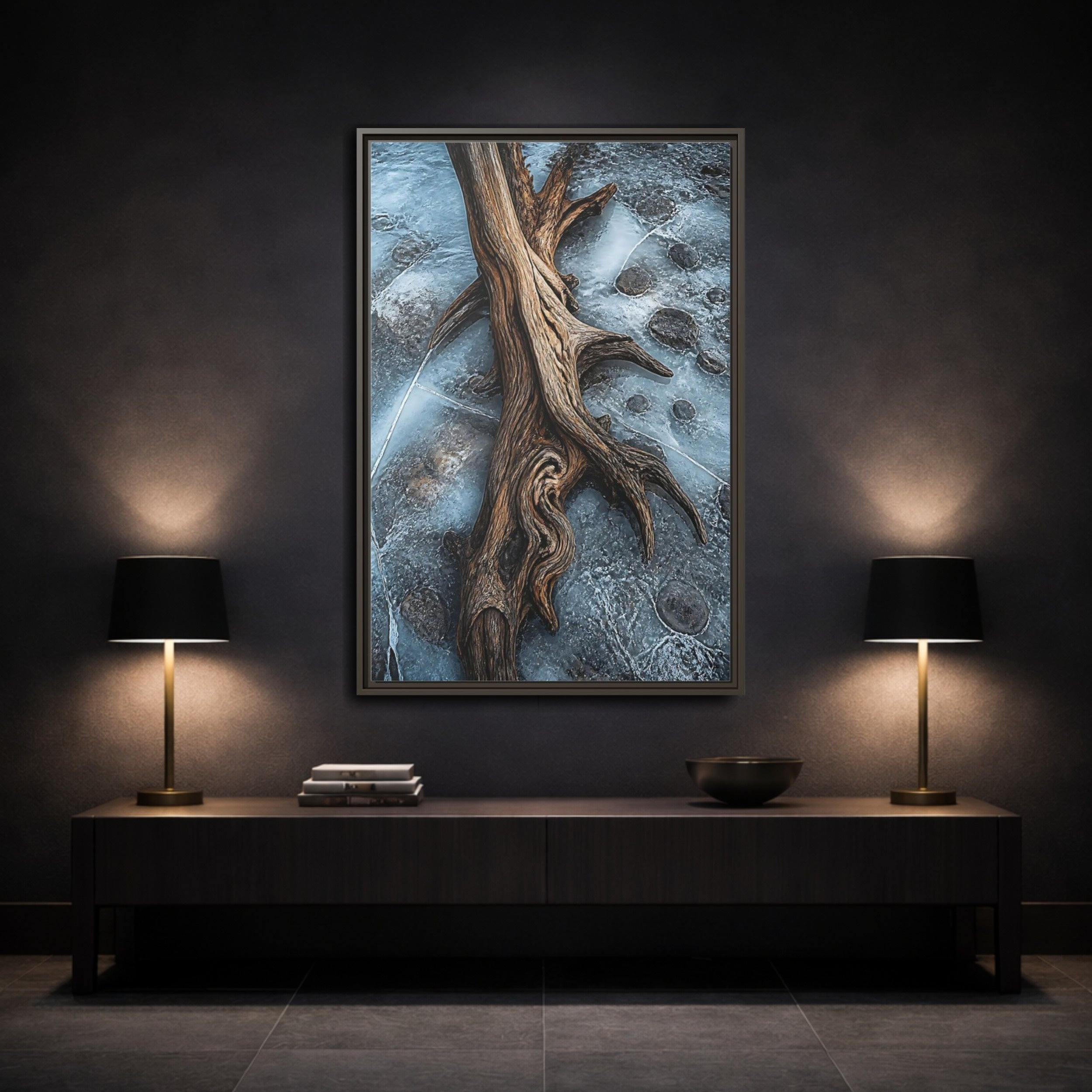 Mockup 3. Nature Driftwood Brown And Blue shown as stretched canvas wall art