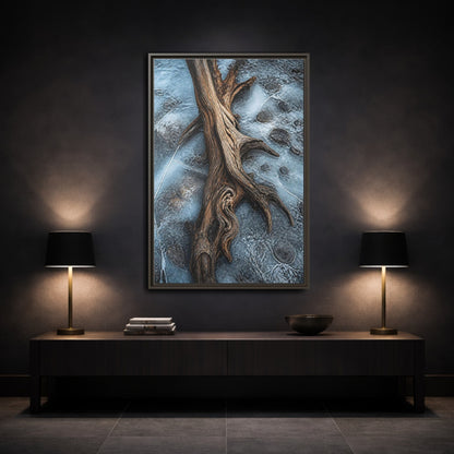 Mockup 3. Nature Driftwood Brown And Blue shown as stretched canvas wall art
