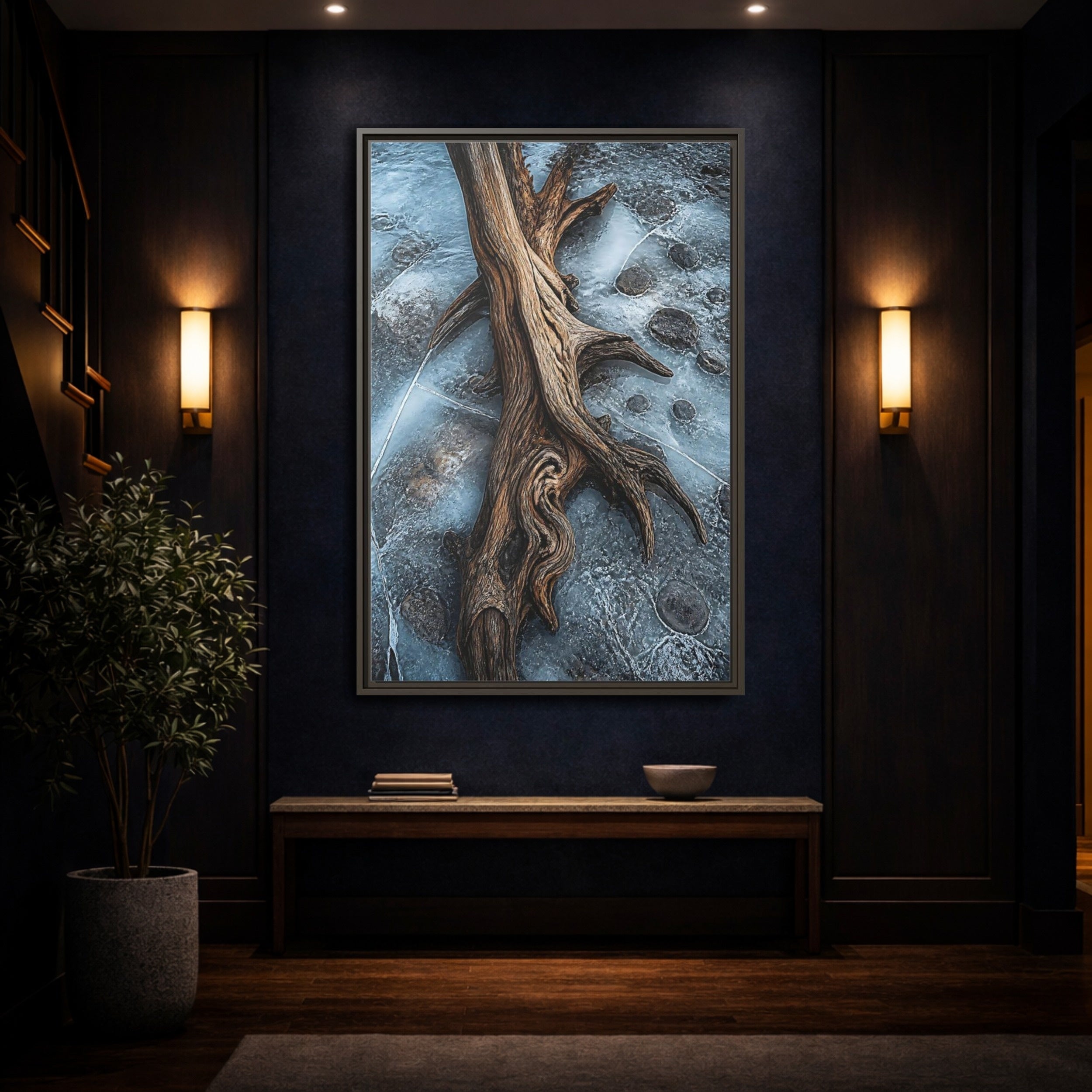Mockup 4. Nature Driftwood Brown And Blue shown as stretched canvas wall art