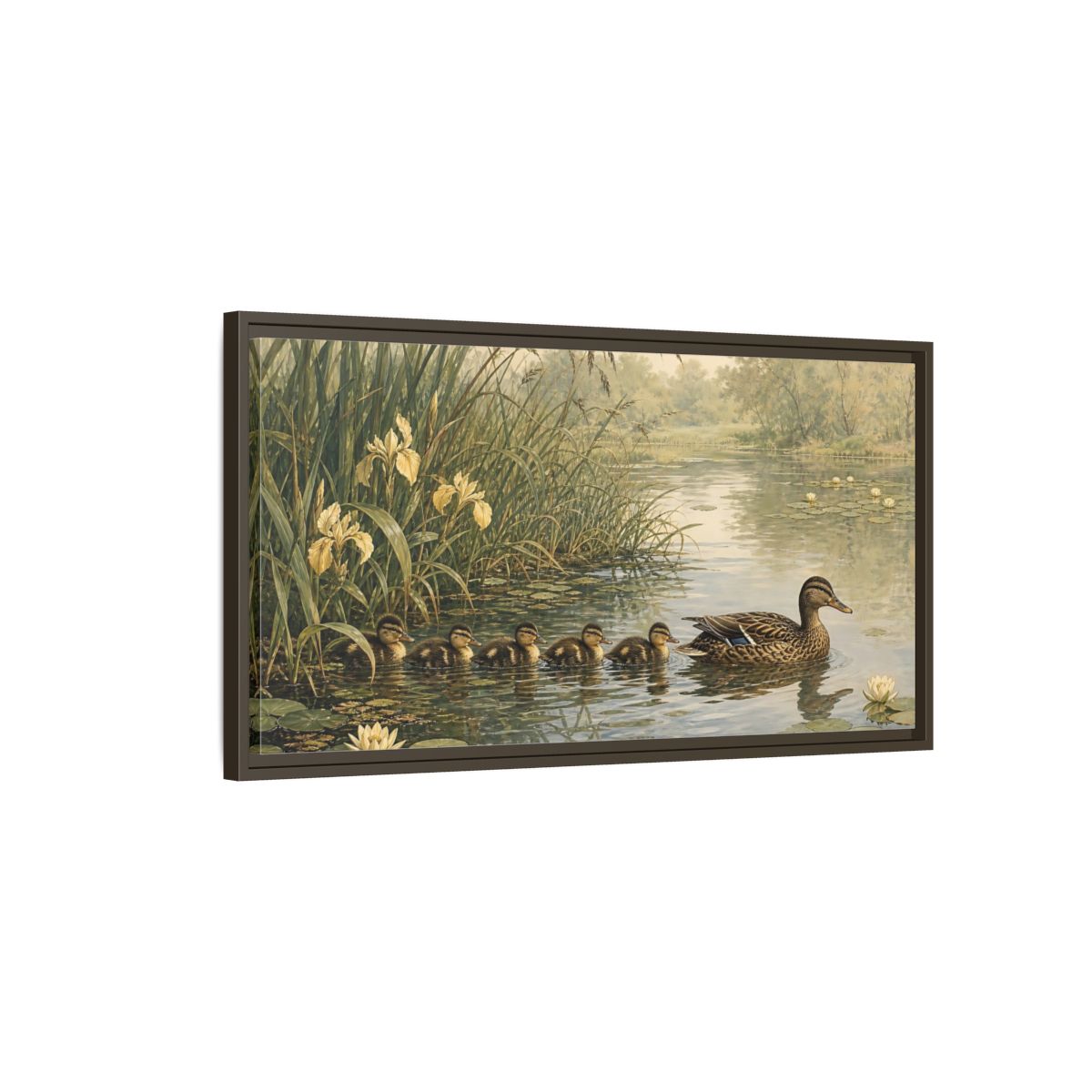 Main Mockup. Nature Ducks Green And Brown shown as stretched canvas wall art