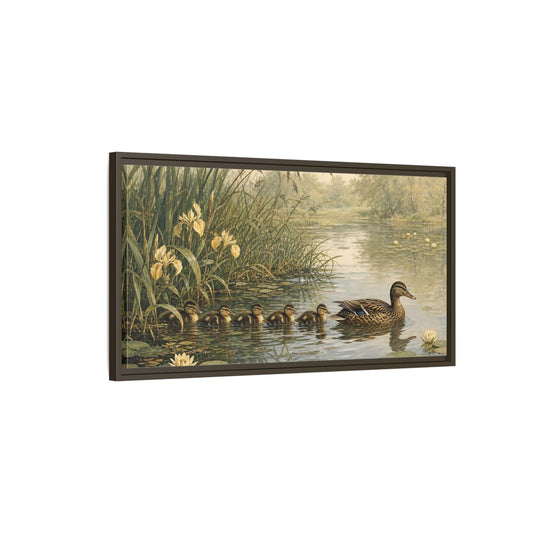 Main Mockup. Nature Ducks Green And Brown shown as stretched canvas wall art