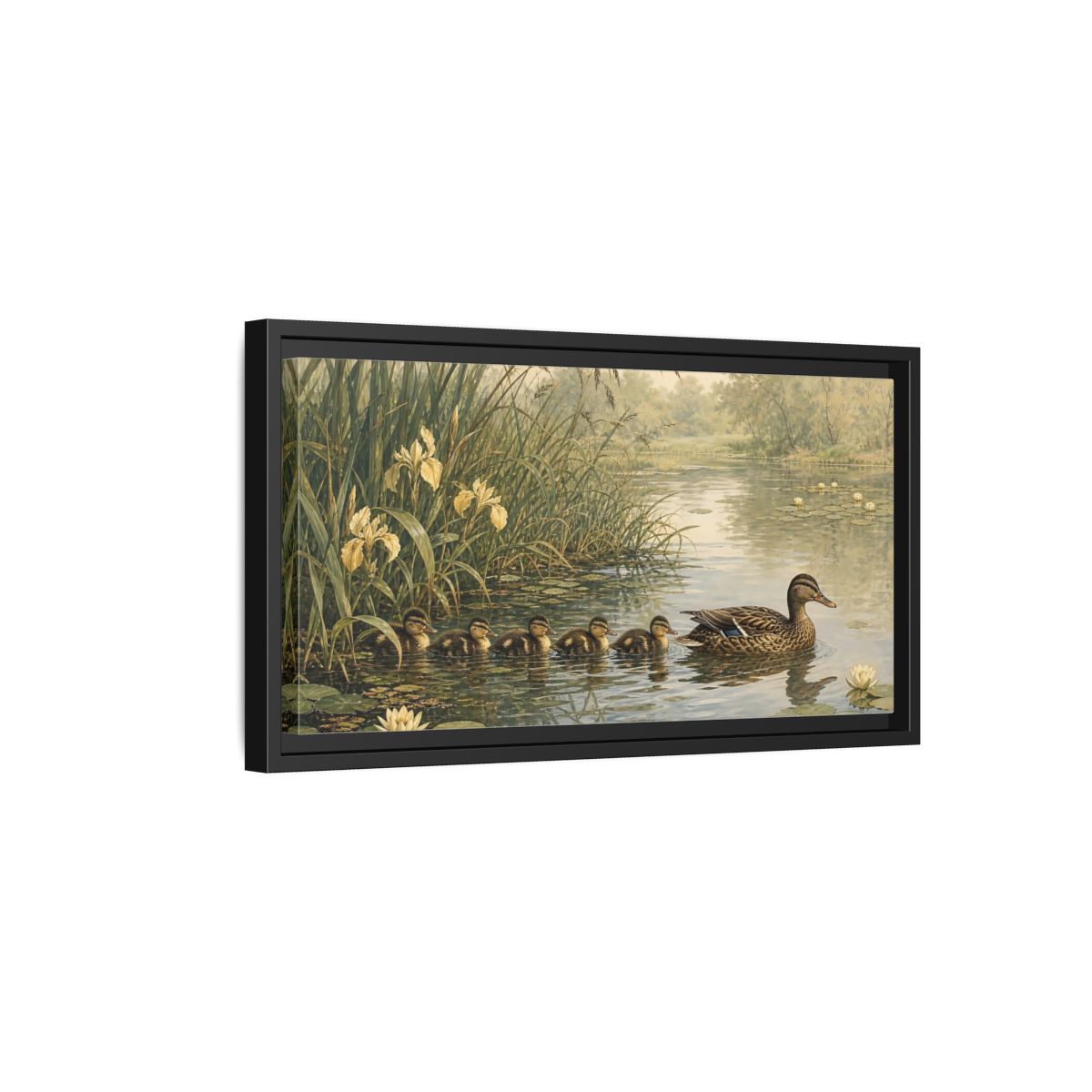 Side Mockup 8. Nature Ducks Green And Brown shown as stretched canvas wall art