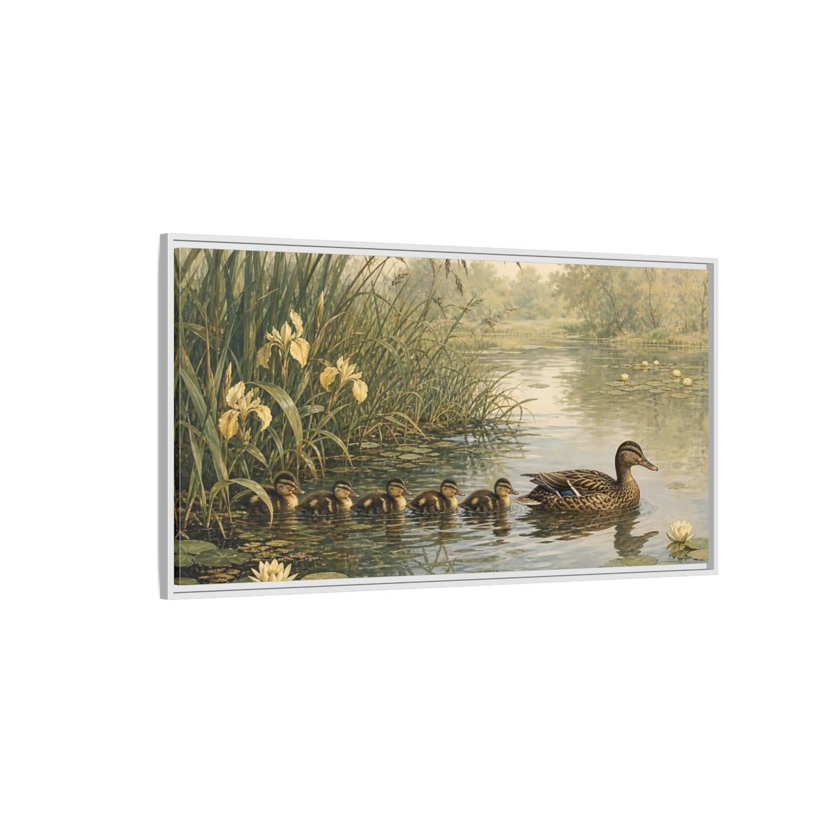 Side Mockup 3. Nature Ducks Green And Brown shown as stretched canvas wall art