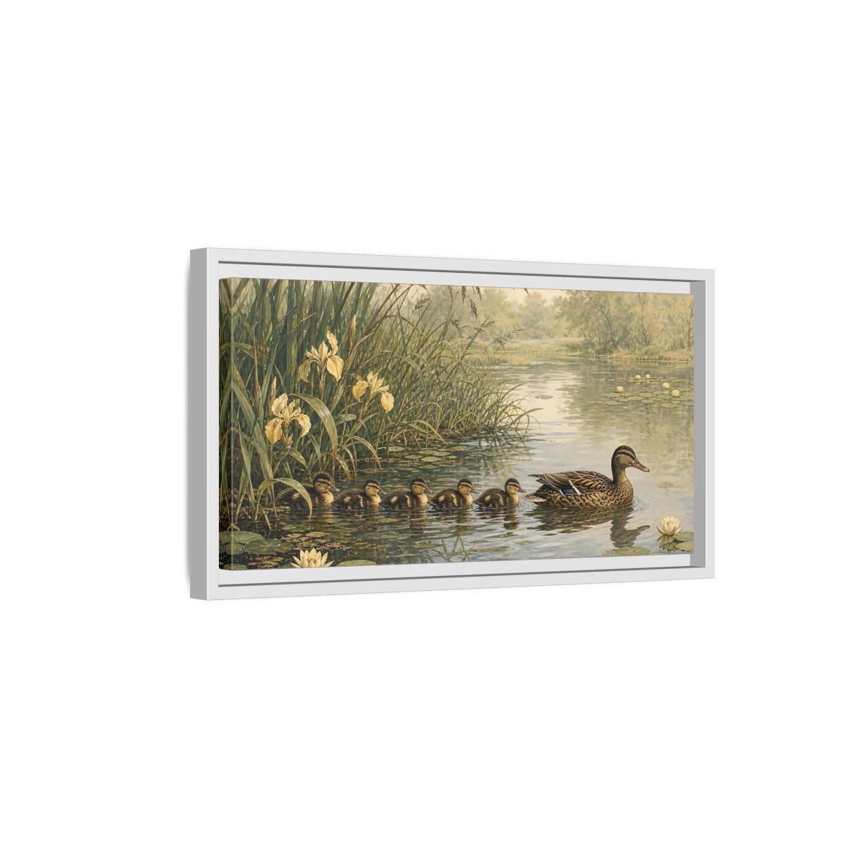 Side Mockup 6. Nature Ducks Green And Brown shown as stretched canvas wall art