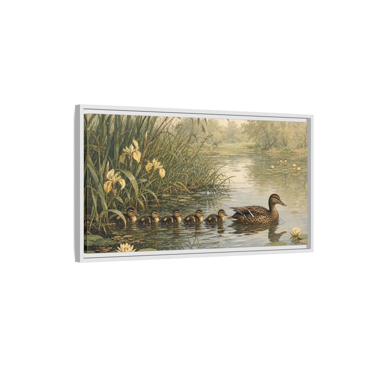 Side Mockup 1. Nature Ducks Green And Brown shown as stretched canvas wall art