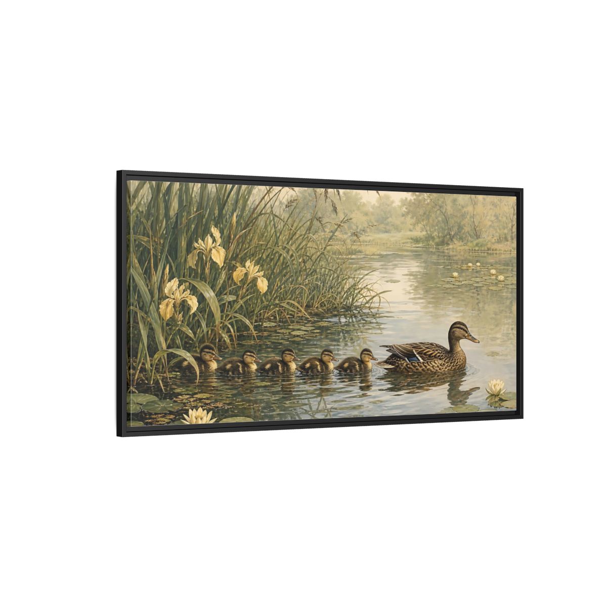 Side Mockup 5. Nature Ducks Green And Brown shown as stretched canvas wall art