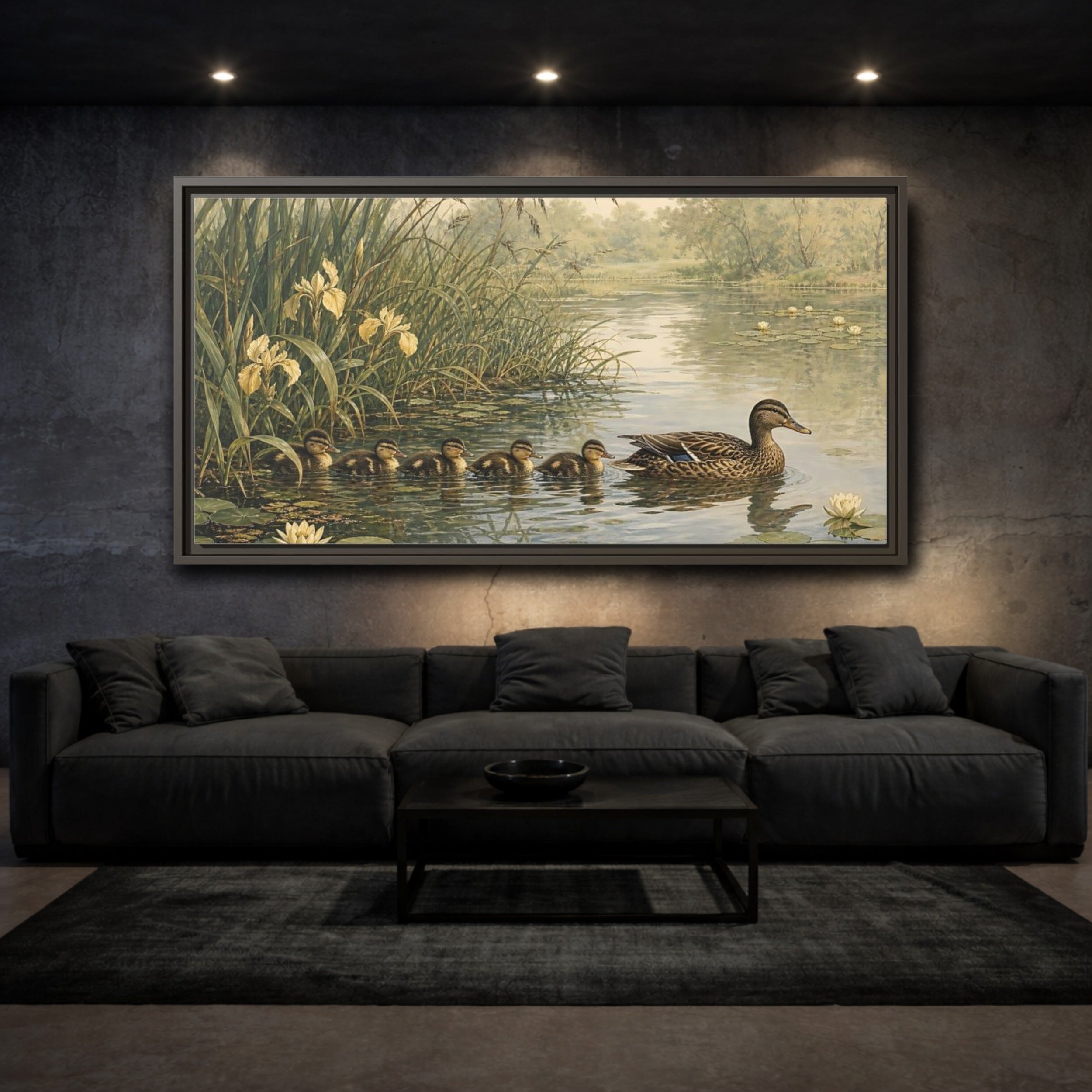 Mockup 2. Nature Ducks Green And Brown shown as stretched canvas wall art