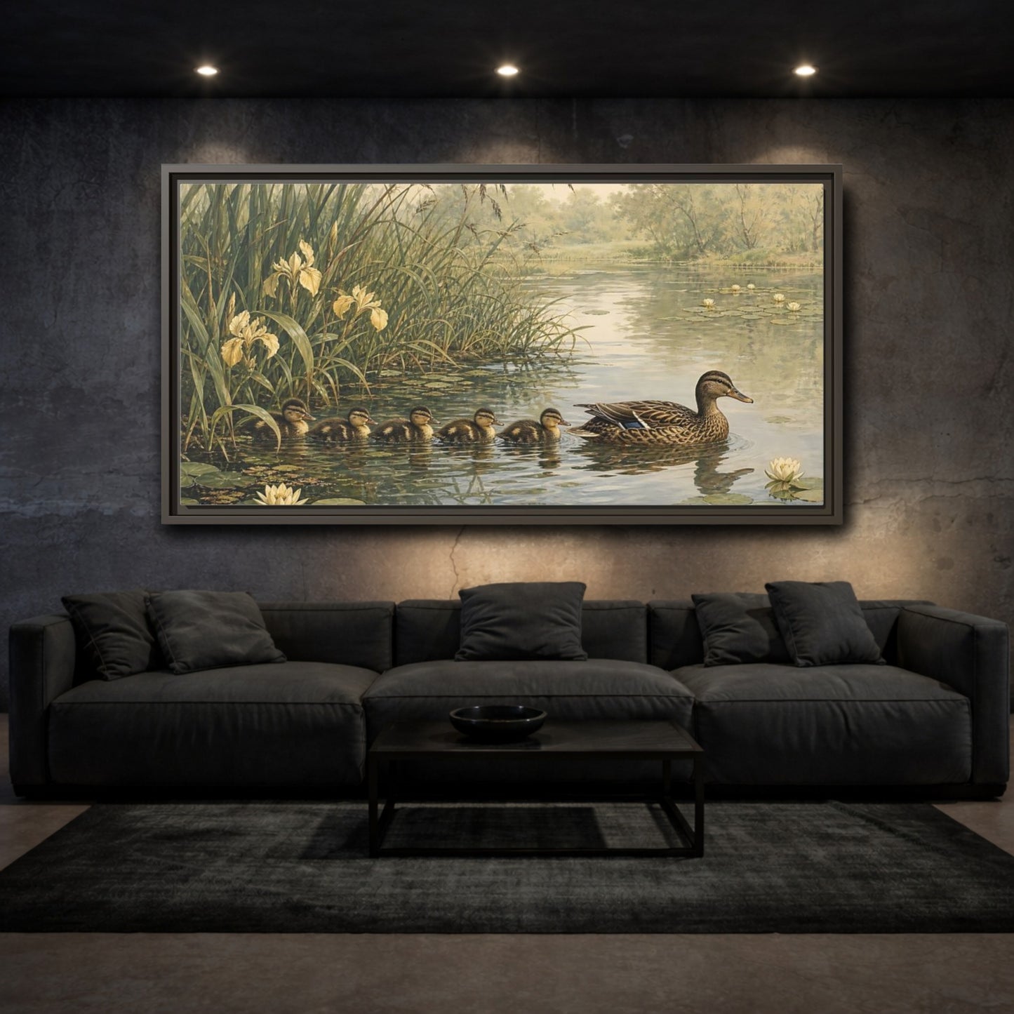 Mockup 3. Nature Ducks Green And Brown shown as stretched canvas wall art