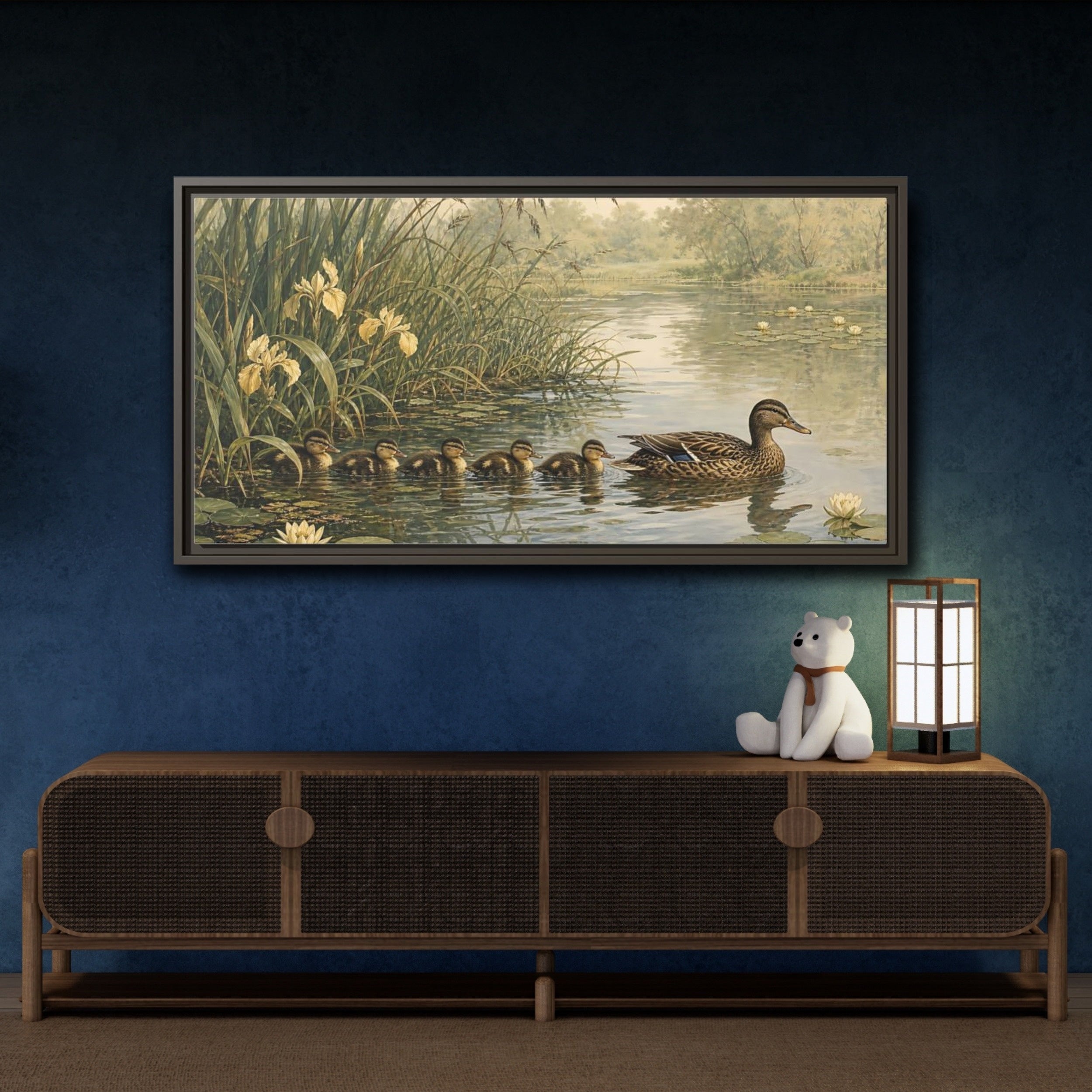 Mockup 4. Nature Ducks Green And Brown shown as stretched canvas wall art