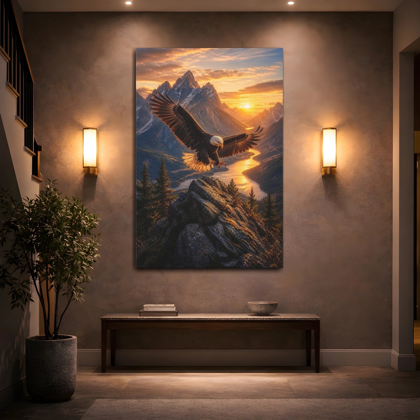 Nature Eagle Mountain Sunset Canvas Wall Art Print - Living Room, Above Console Table shown as canvas wall art