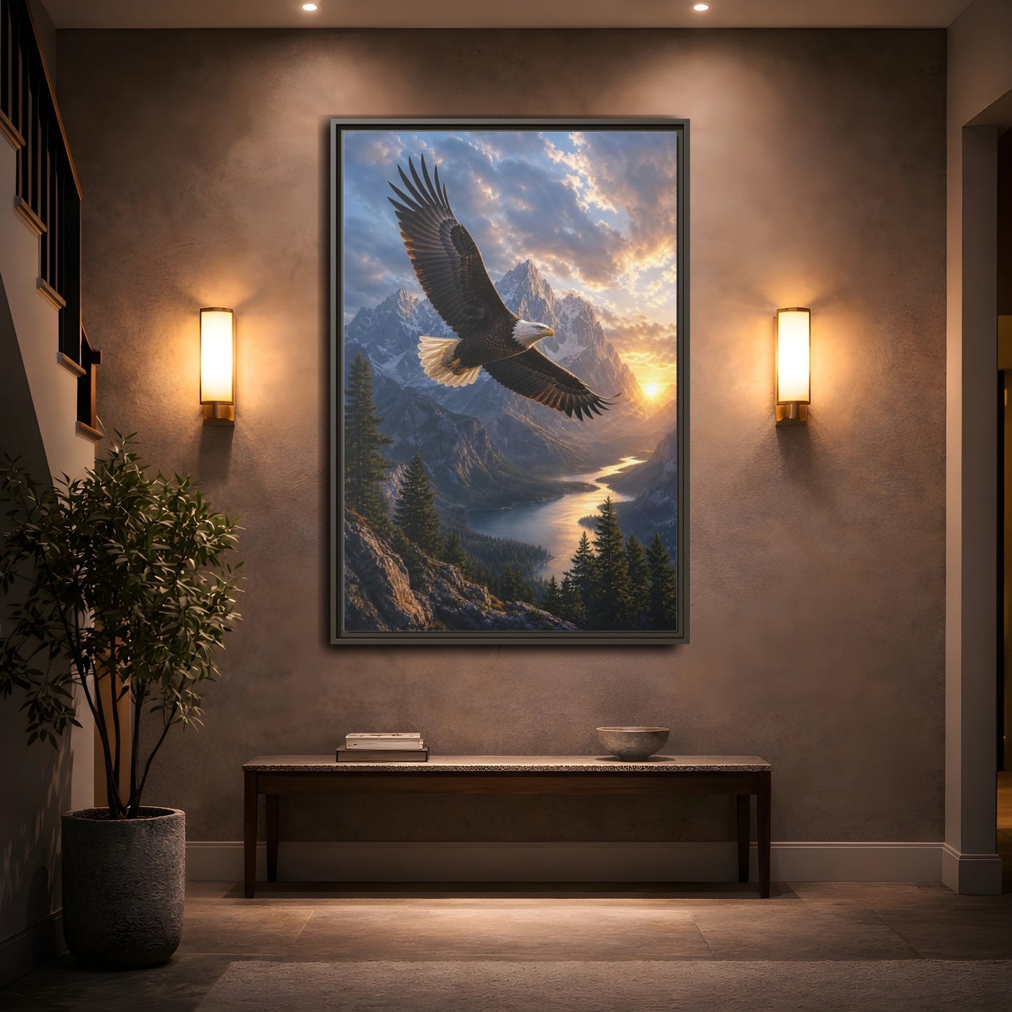 Nature Eagle Mountain Sunset Framed Canvas Wall Art - Realistic Living Room Above Sofa shown as canvas wall art