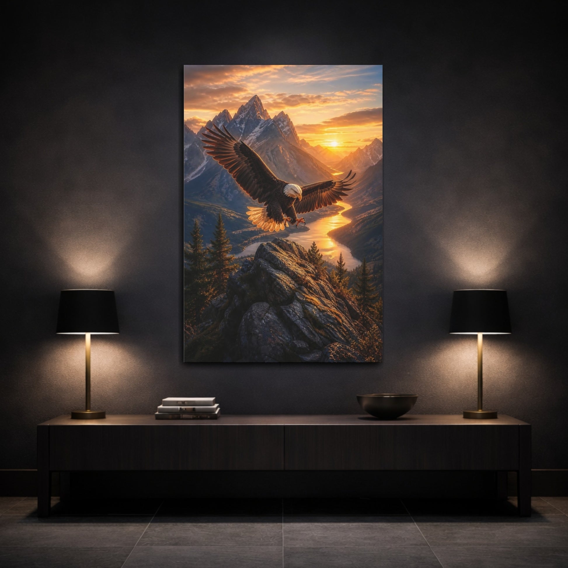 Nature Eagle Mountain Sunset Canvas Wall Art Print - Living Room, Above Console Table shown as canvas wall art