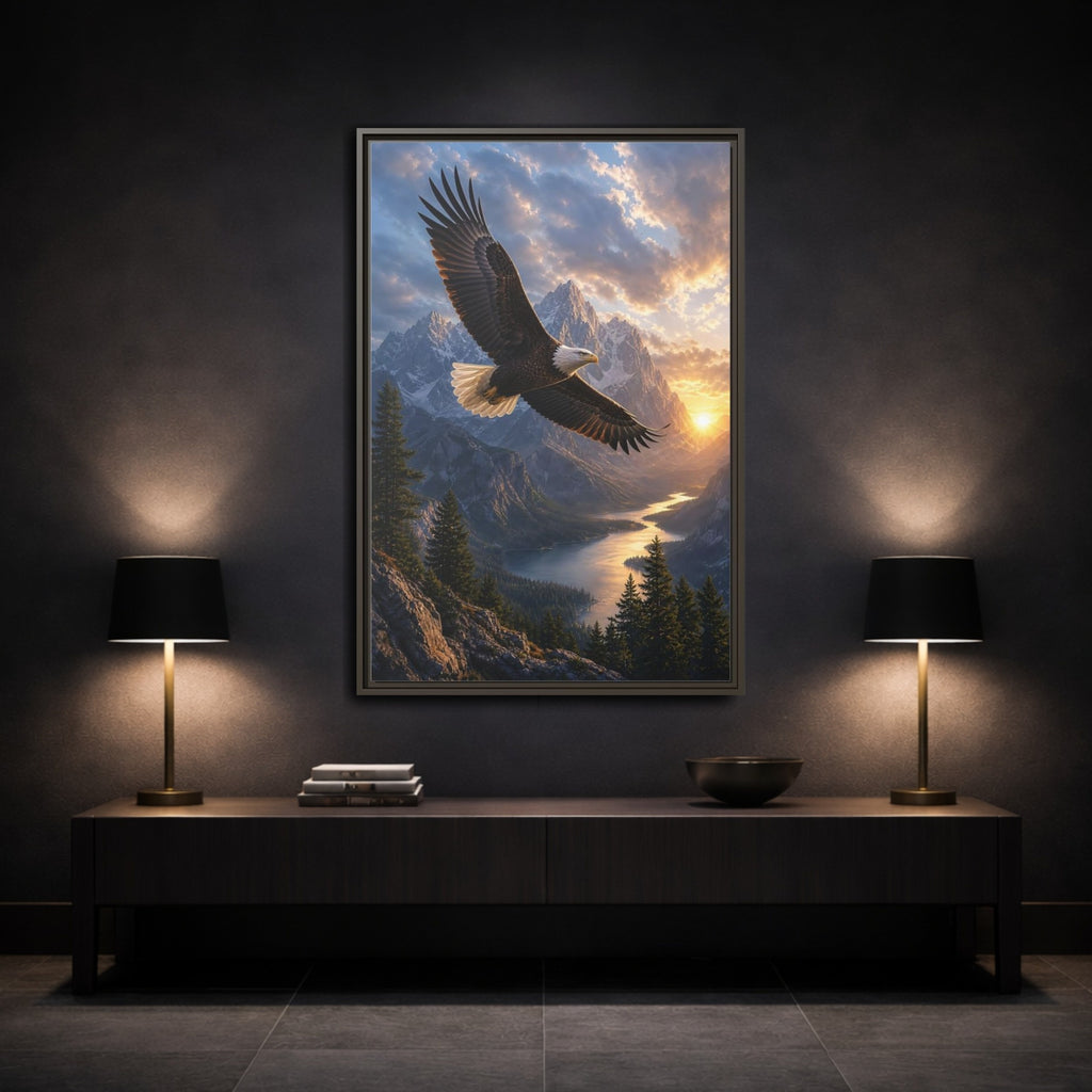Mockup 3. Nature Eagle Eagle Mountain Sunset shown as stretched canvas wall art