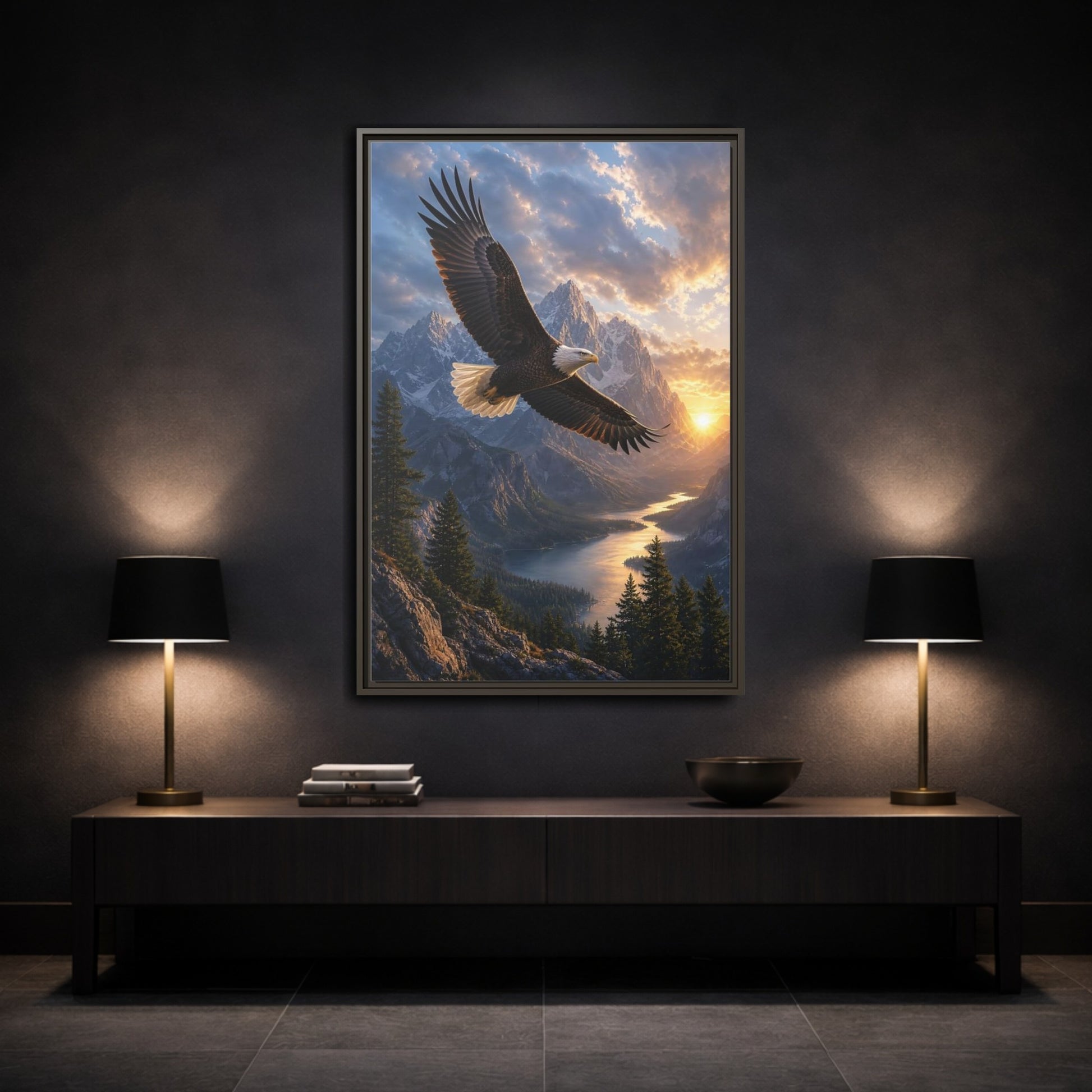Nature Eagle Mountain Sunset Framed Canvas Wall Art - Realistic Living Room Above Sofa shown as canvas wall art