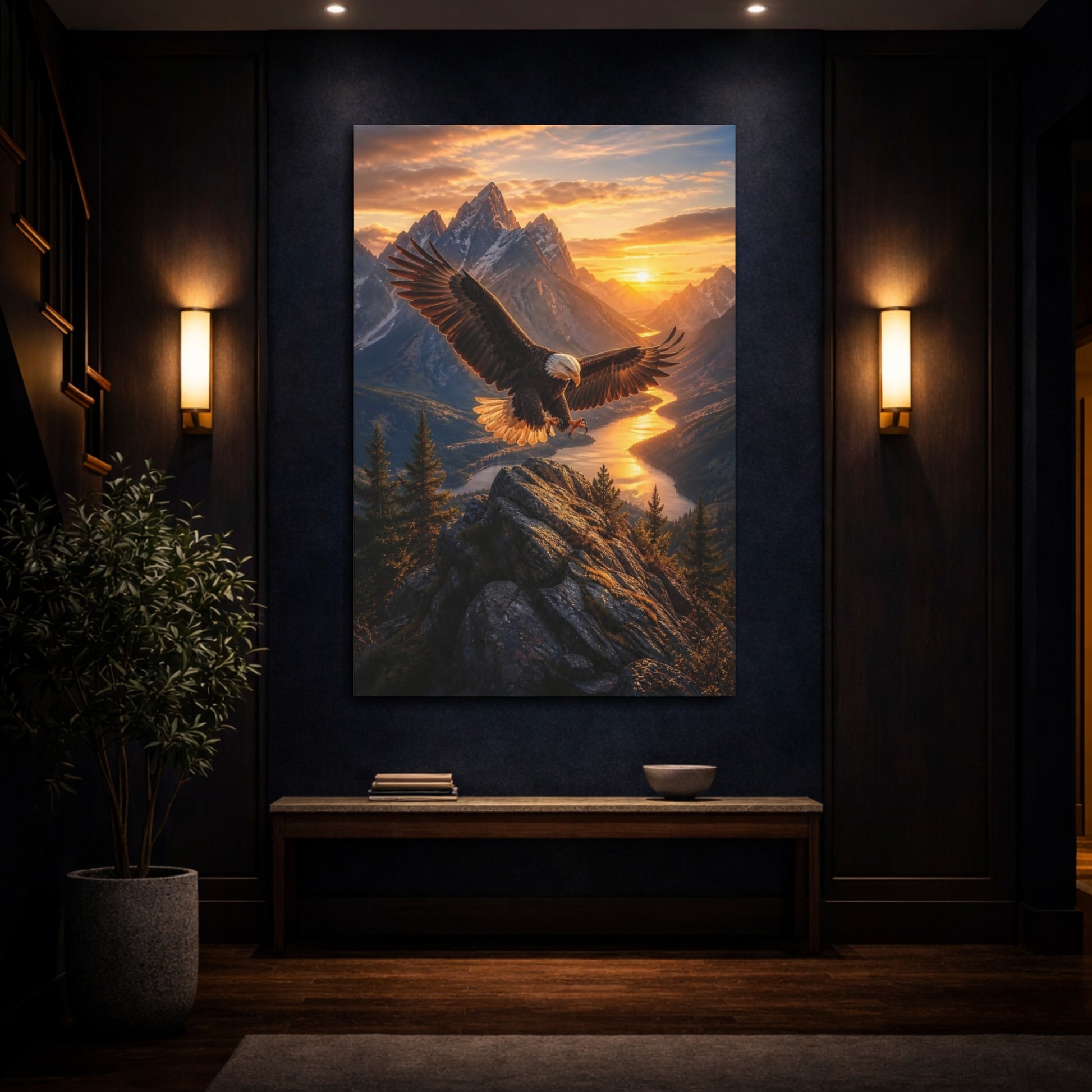 Nature Eagle Mountain Sunset Canvas Wall Art Print - Living Room, Above Console Table shown as canvas wall art