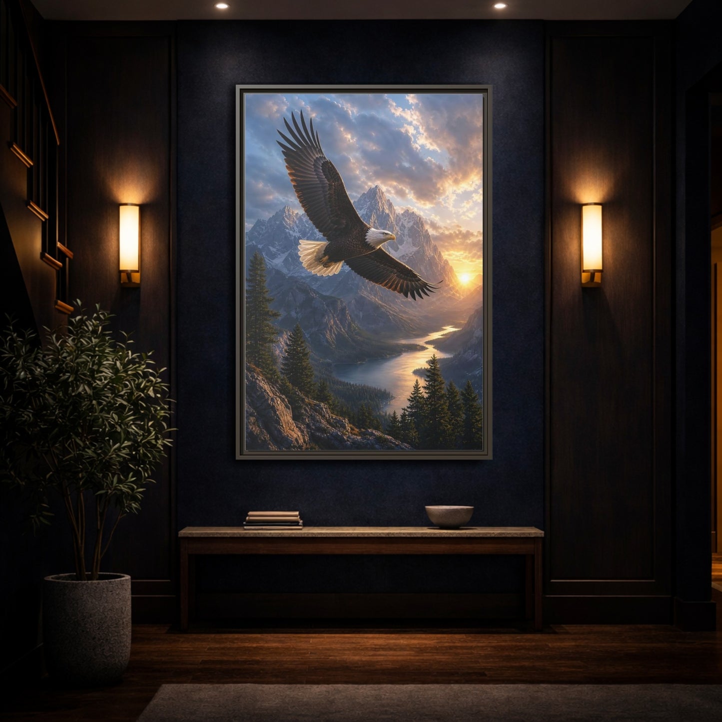 Nature Eagle Mountain Sunset Framed Canvas Wall Art - Realistic Living Room Above Sofa shown as canvas wall art