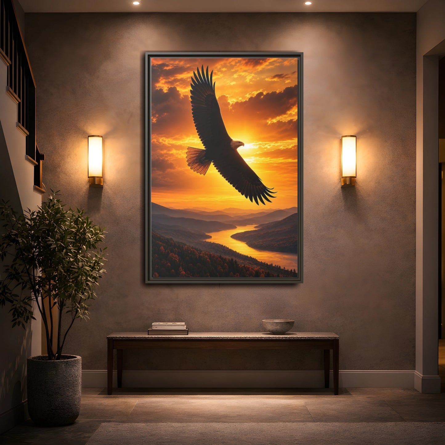 Mockup 2. Nature Eagle Golden Eagle Sunset shown as stretched canvas wall art