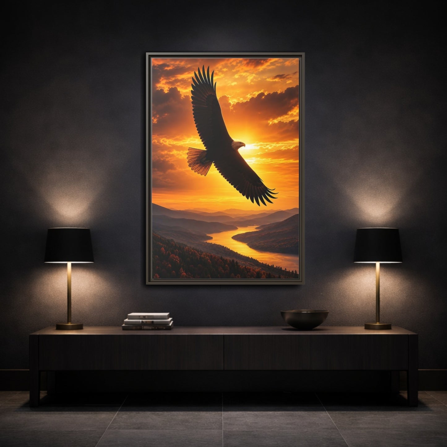 Mockup 3. Nature Eagle Golden Eagle Sunset shown as stretched canvas wall art