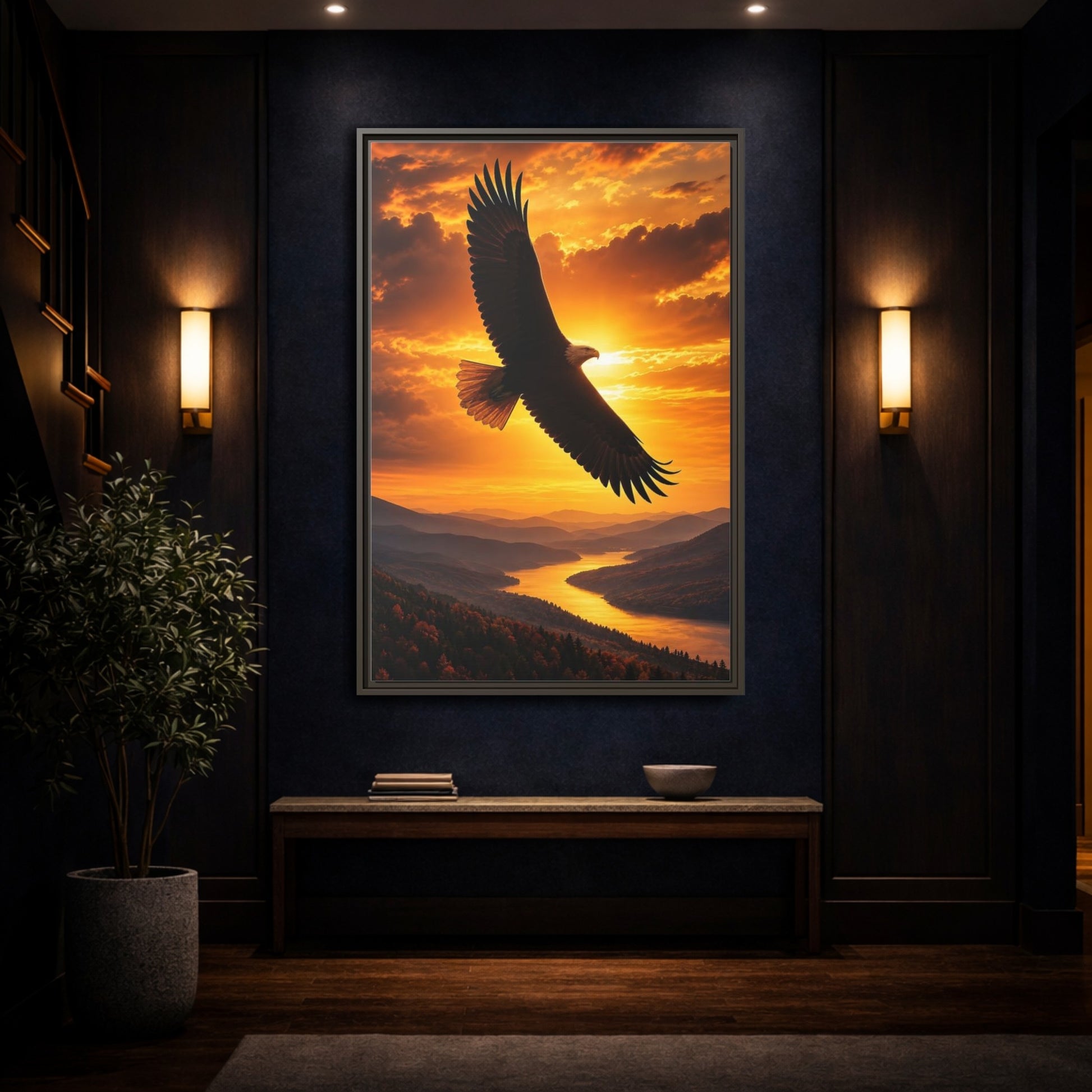 Mockup 4. Nature Eagle Golden Eagle Sunset shown as stretched canvas wall art