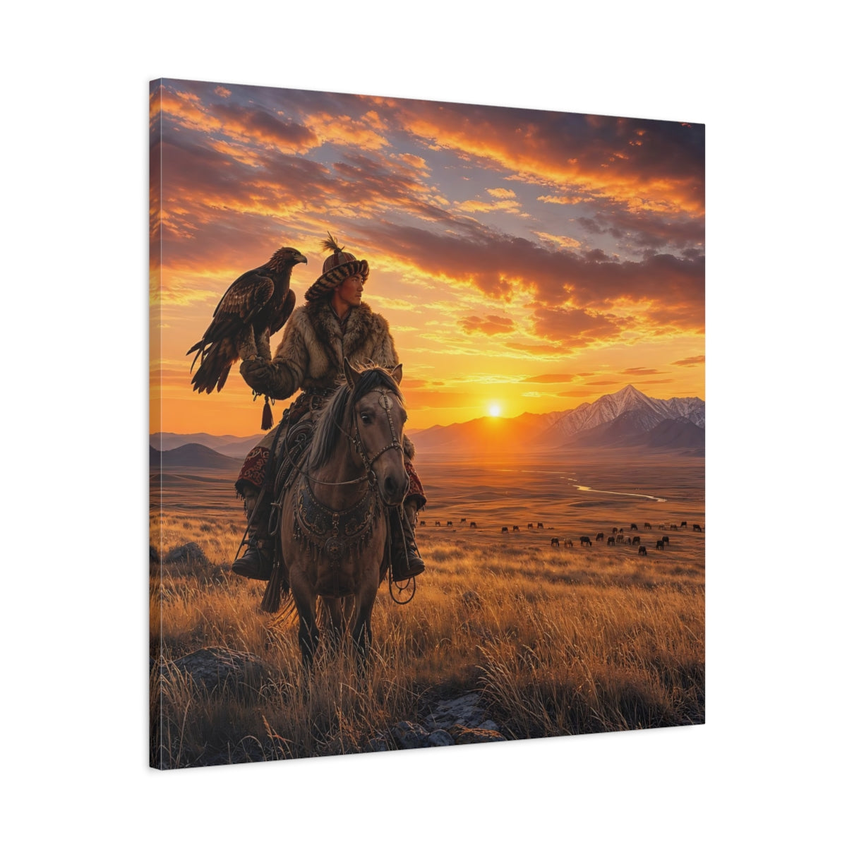 Side Mockup 3. Nature Eagle Hunter Orange And Brown shown as stretched canvas wall art