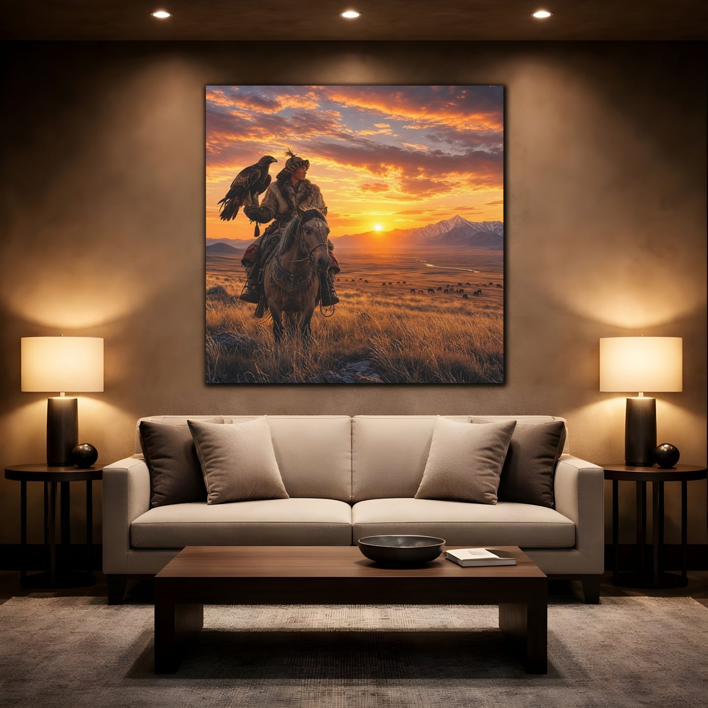 Mockup 2. Nature Eagle Hunter Orange And Brown shown as stretched canvas wall art