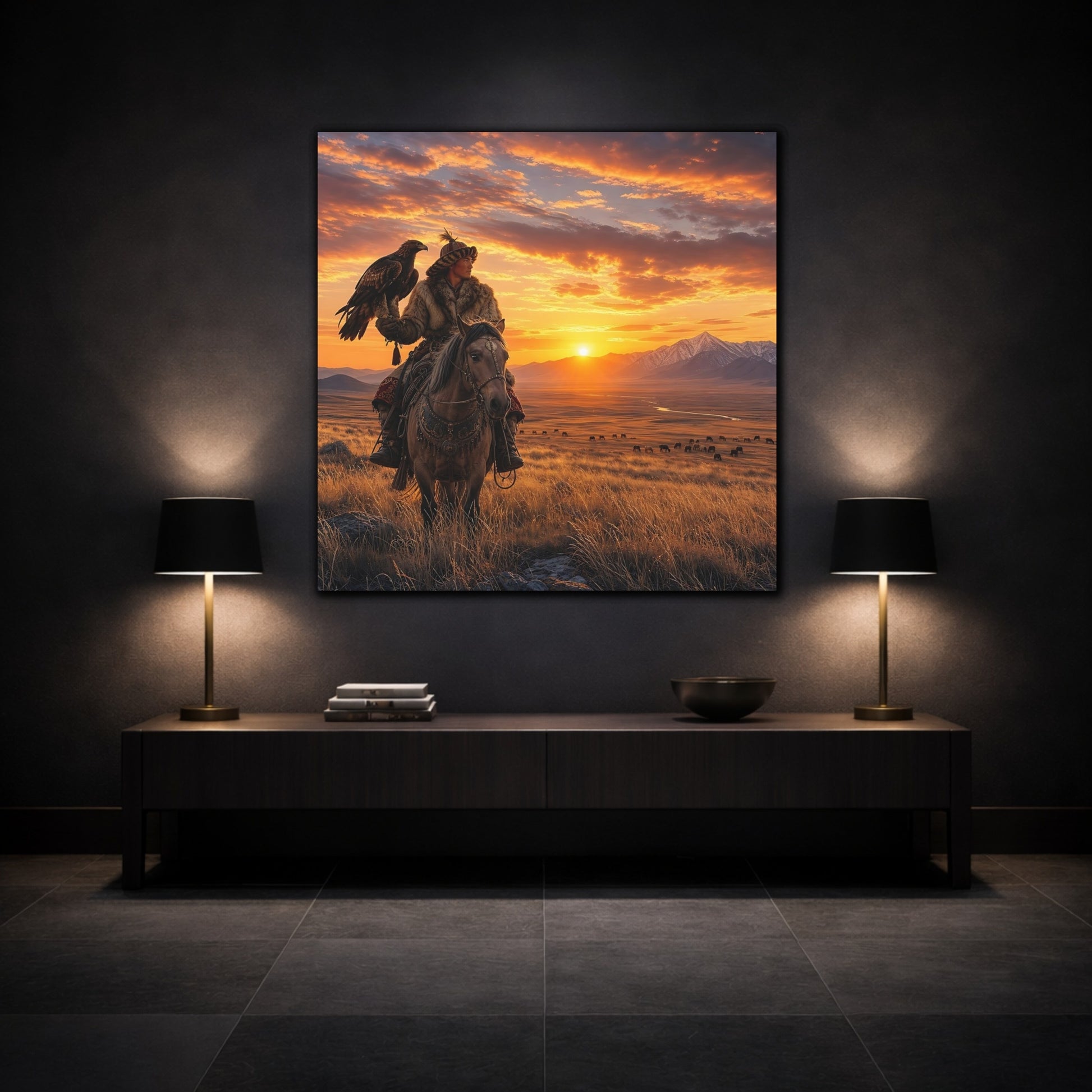 Mockup 3. Nature Eagle Hunter Orange And Brown shown as stretched canvas wall art