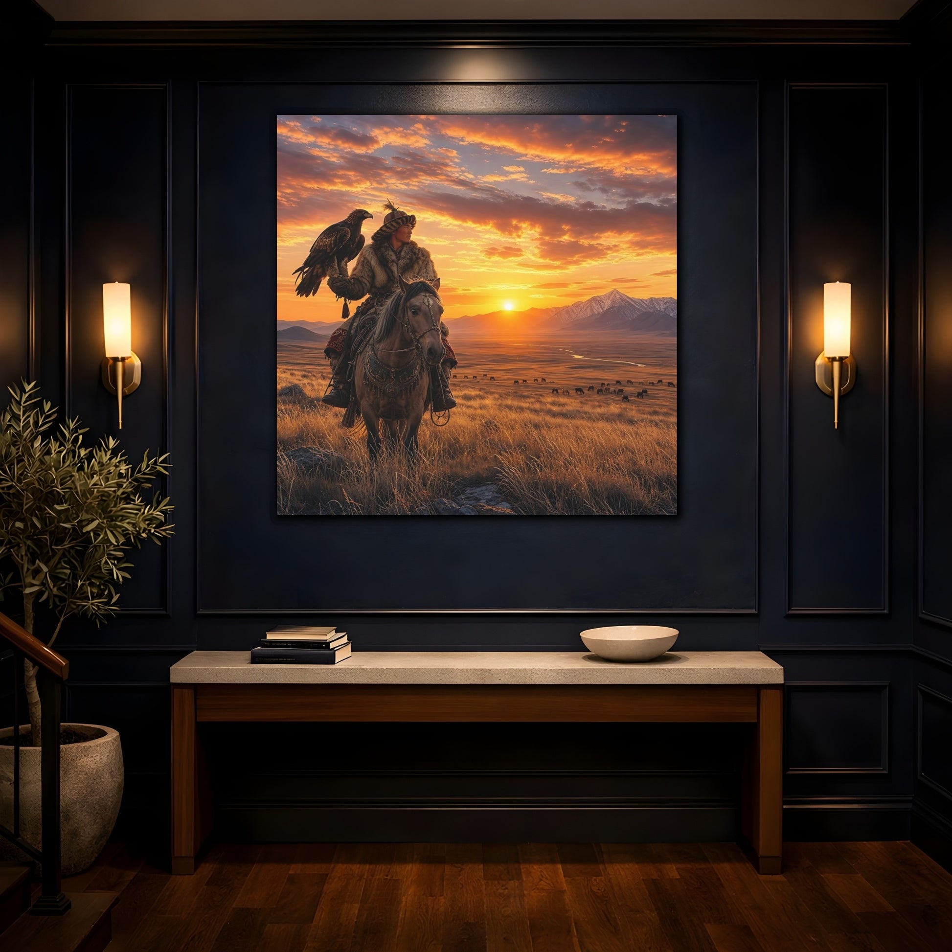 Mockup 4. Nature Eagle Hunter Orange And Brown shown as stretched canvas wall art