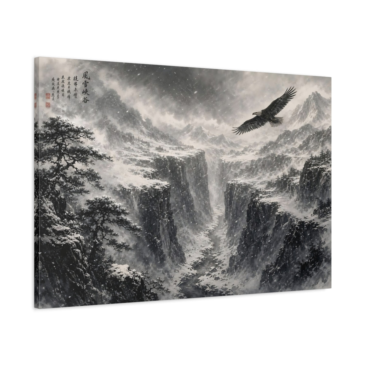Main Mockup. Nature Eagle Monochrome Winter Landscape shown as stretched canvas wall art