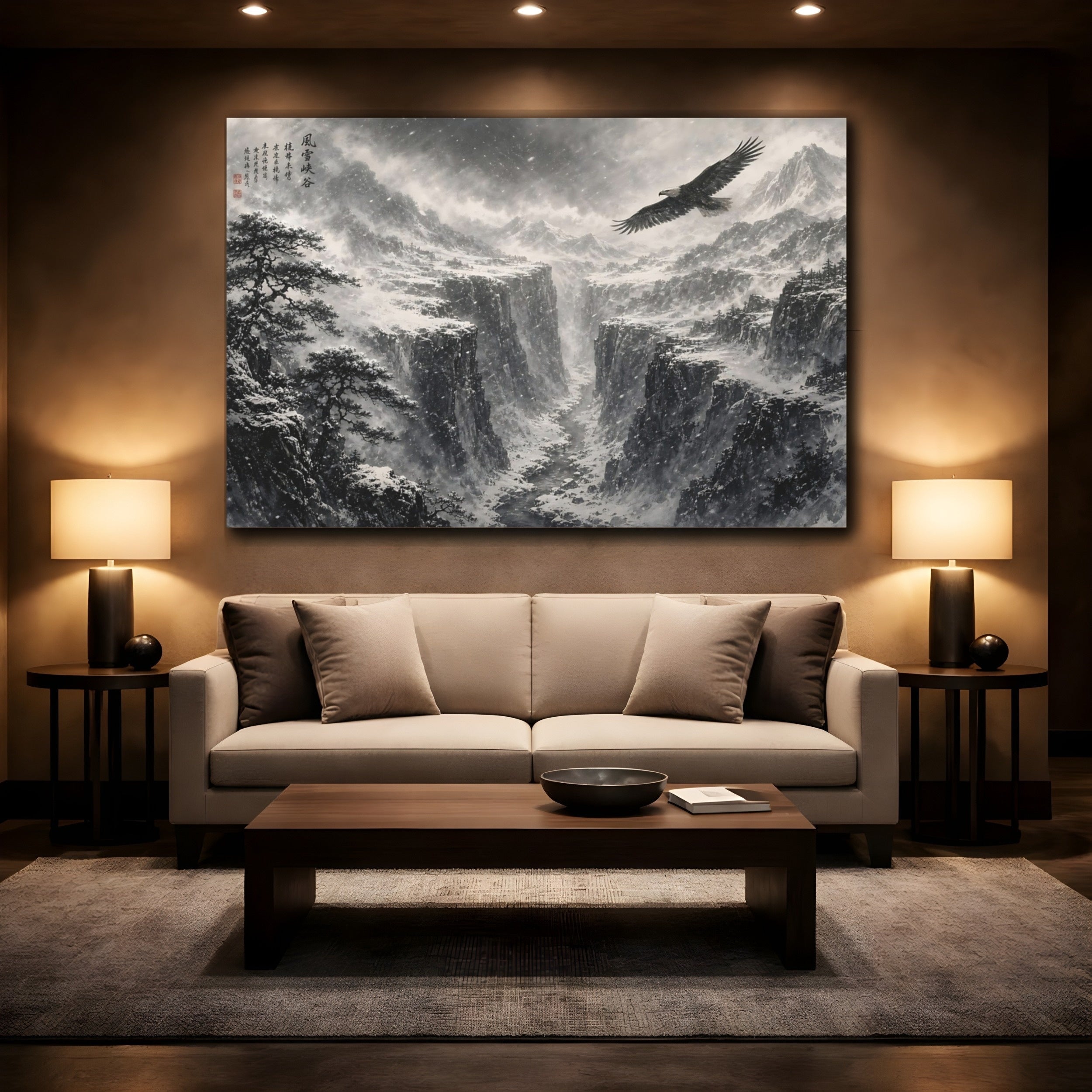 Mockup 2. Nature Eagle Monochrome Winter Landscape shown as stretched canvas wall art