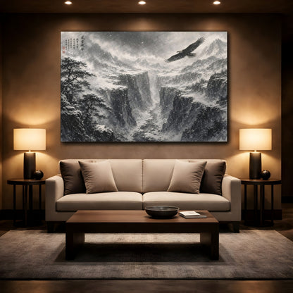 Mockup 2. Nature Eagle Monochrome Winter Landscape shown as stretched canvas wall art