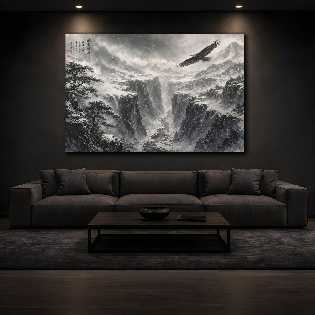 Mockup 3. Nature Eagle Monochrome Winter Landscape shown as stretched canvas wall art
