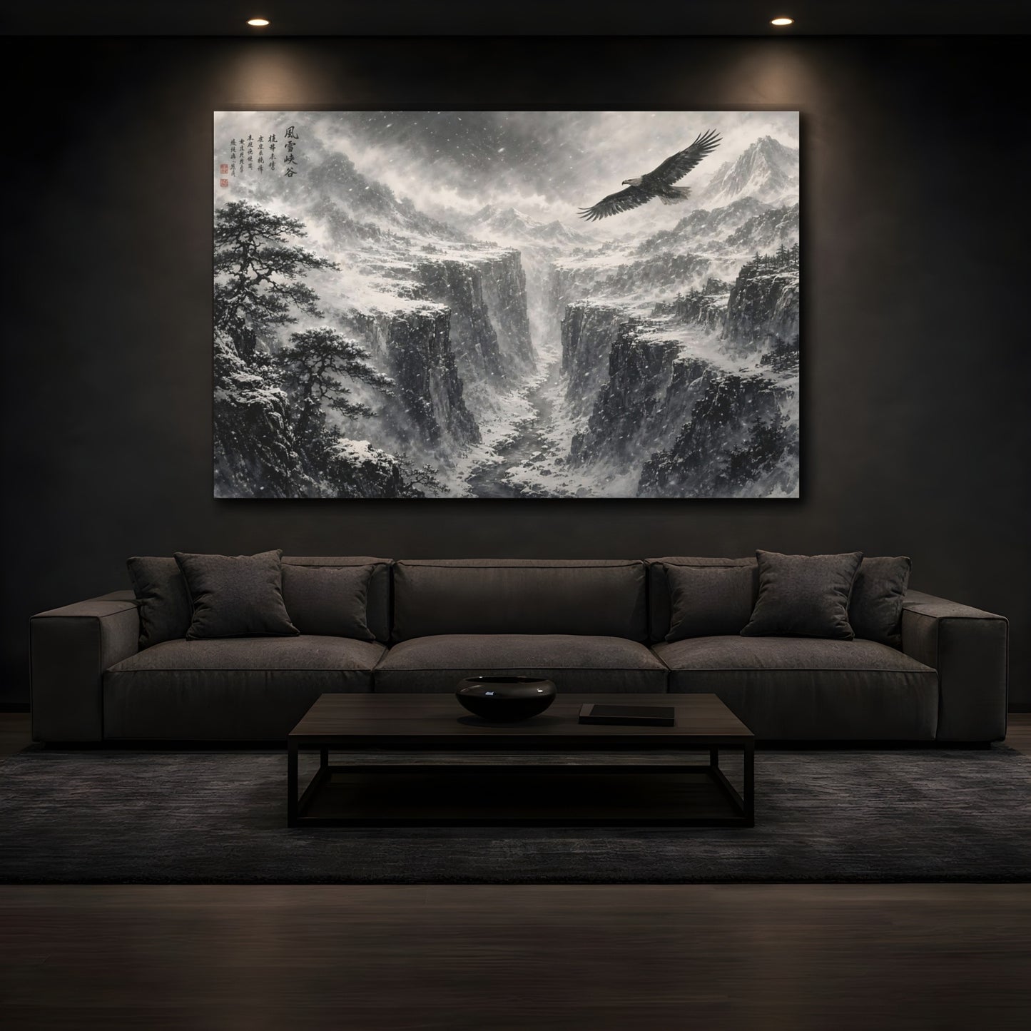 Mockup 3. Nature Eagle Monochrome Winter Landscape shown as stretched canvas wall art