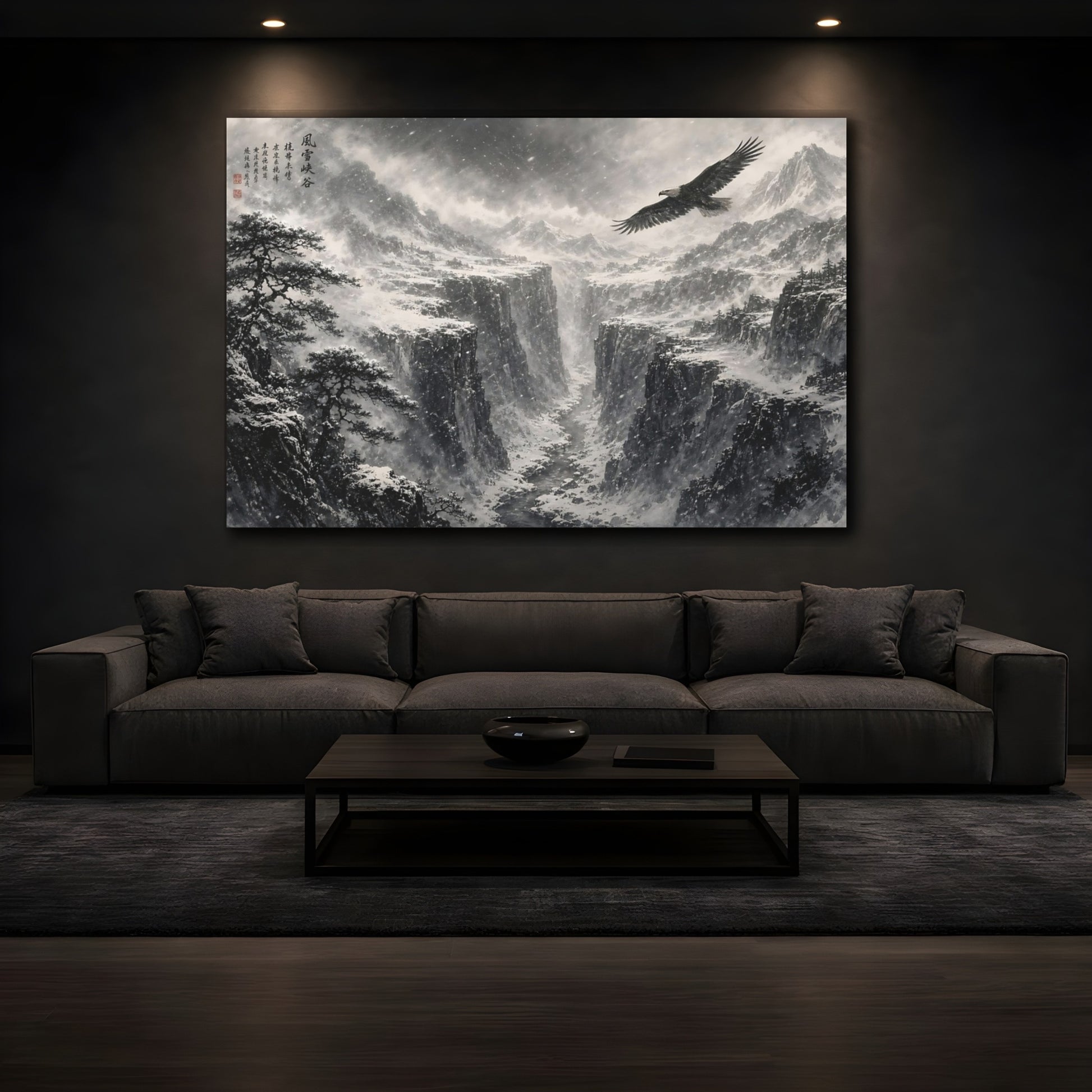 Mockup 3. Nature Eagle Monochrome Winter Landscape shown as stretched canvas wall art