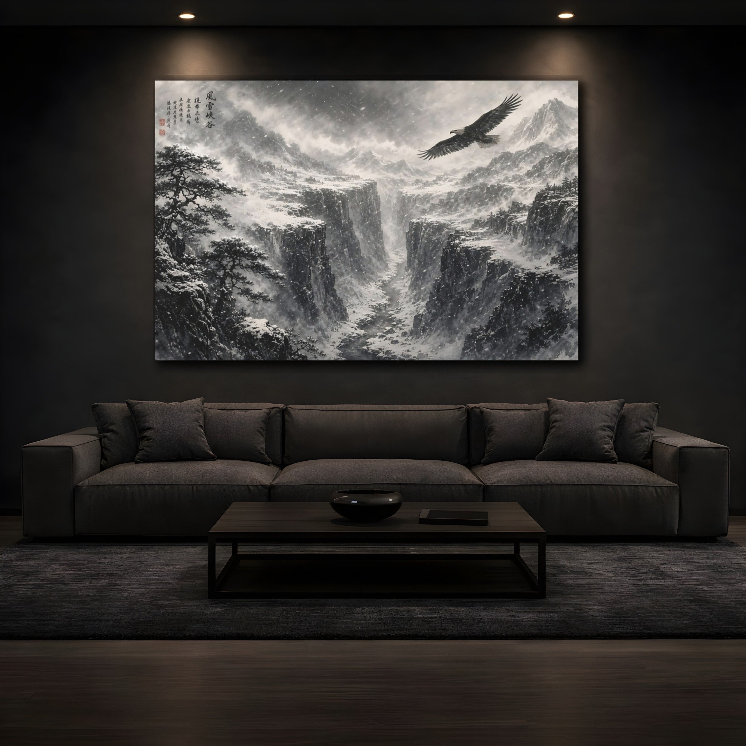 Mockup 3. Nature Eagle Monochrome Winter Landscape shown as stretched canvas wall art
