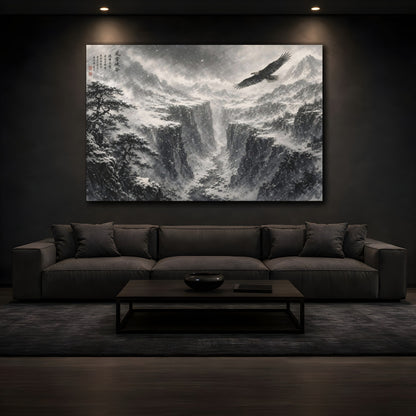 Mockup 3. Nature Eagle Monochrome Winter Landscape shown as stretched canvas wall art