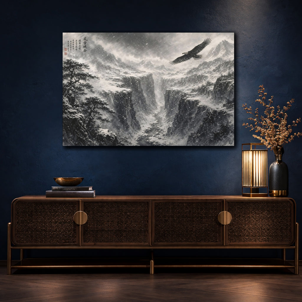 Mockup 4. Nature Eagle Monochrome Winter Landscape shown as stretched canvas wall art