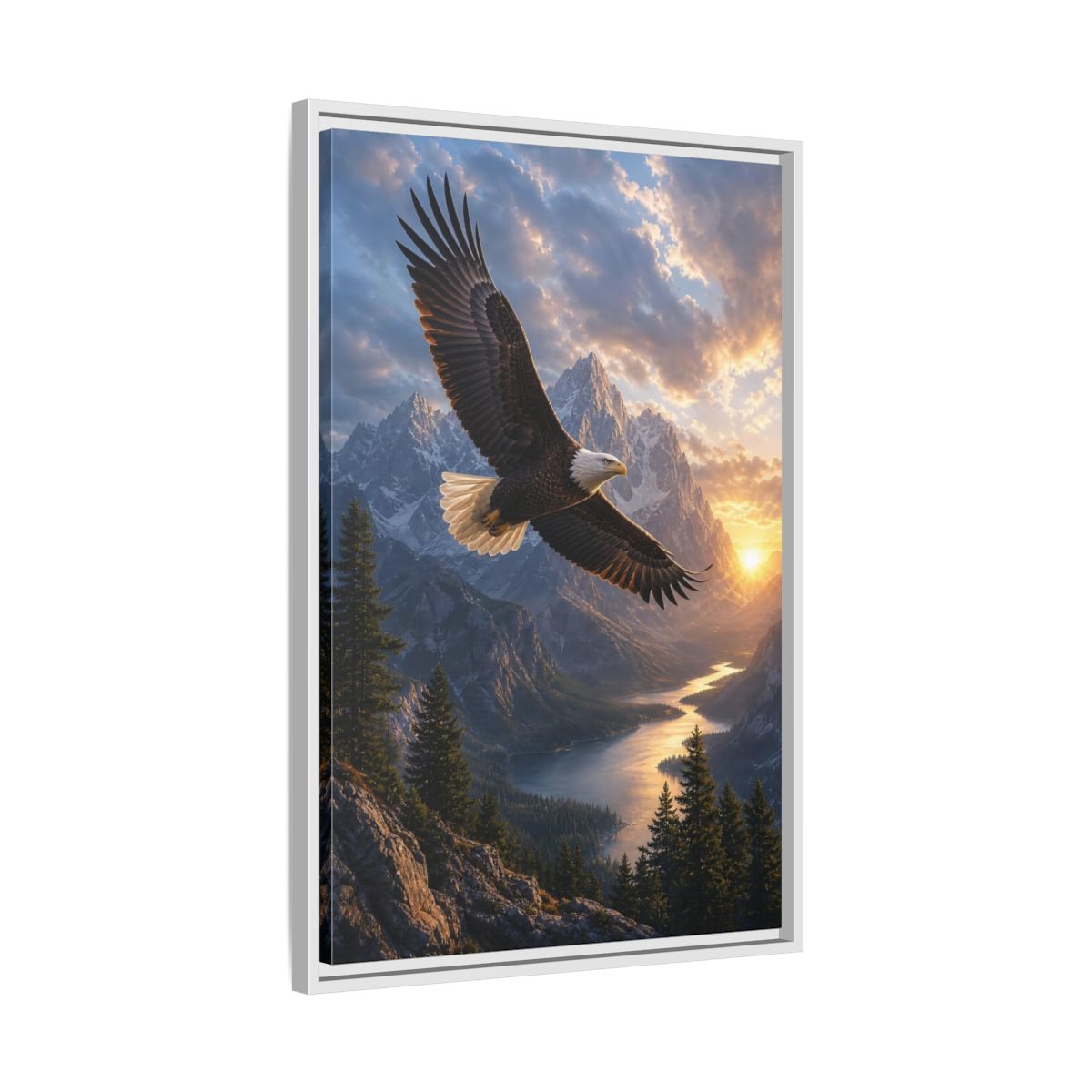 Nature Eagle Mountain Sunset Framed Canvas Wall Art - Realistic Living Room Above Sofa shown as canvas wall art