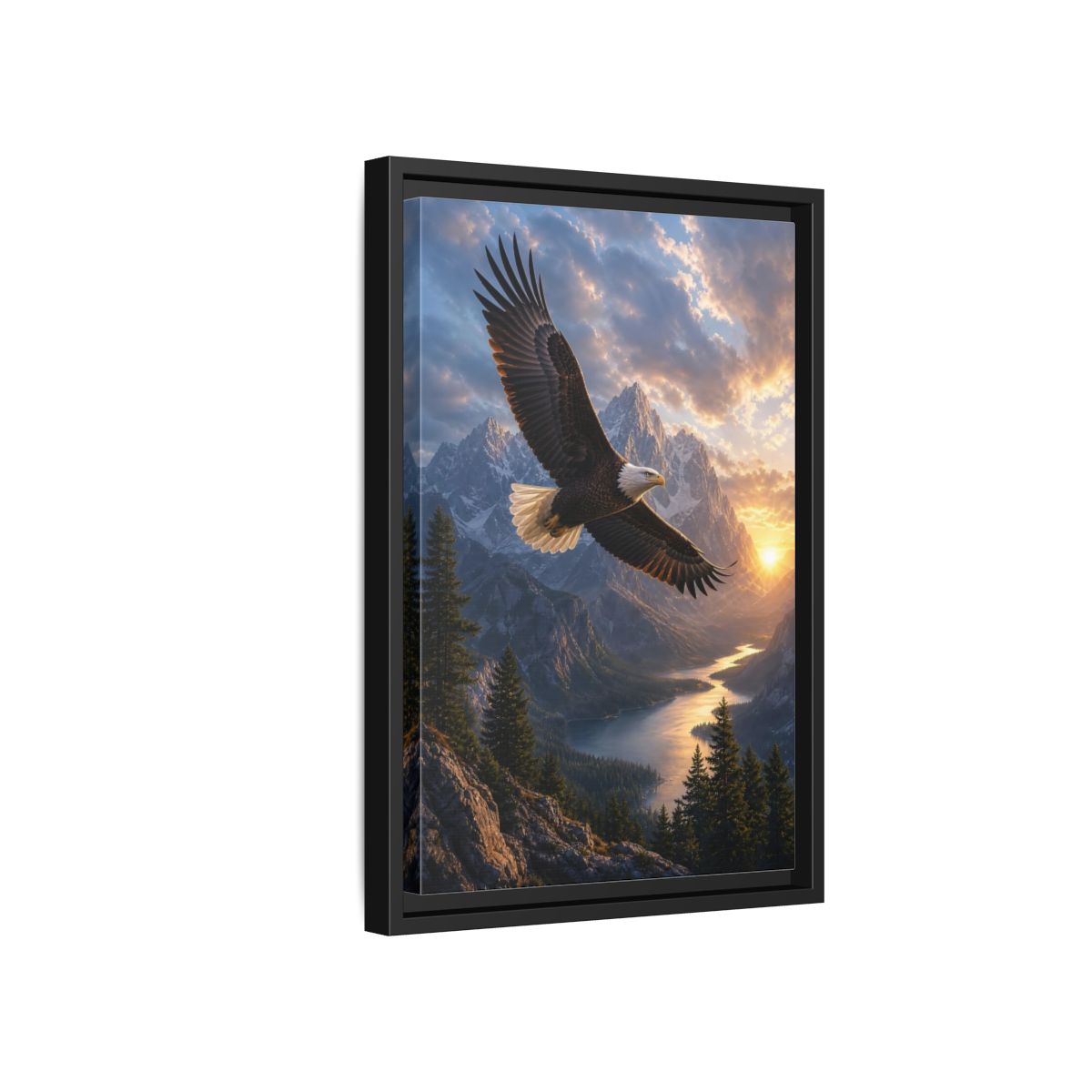 Nature Eagle Mountain Sunset Framed Canvas Wall Art - Realistic Living Room Above Sofa shown as canvas wall art