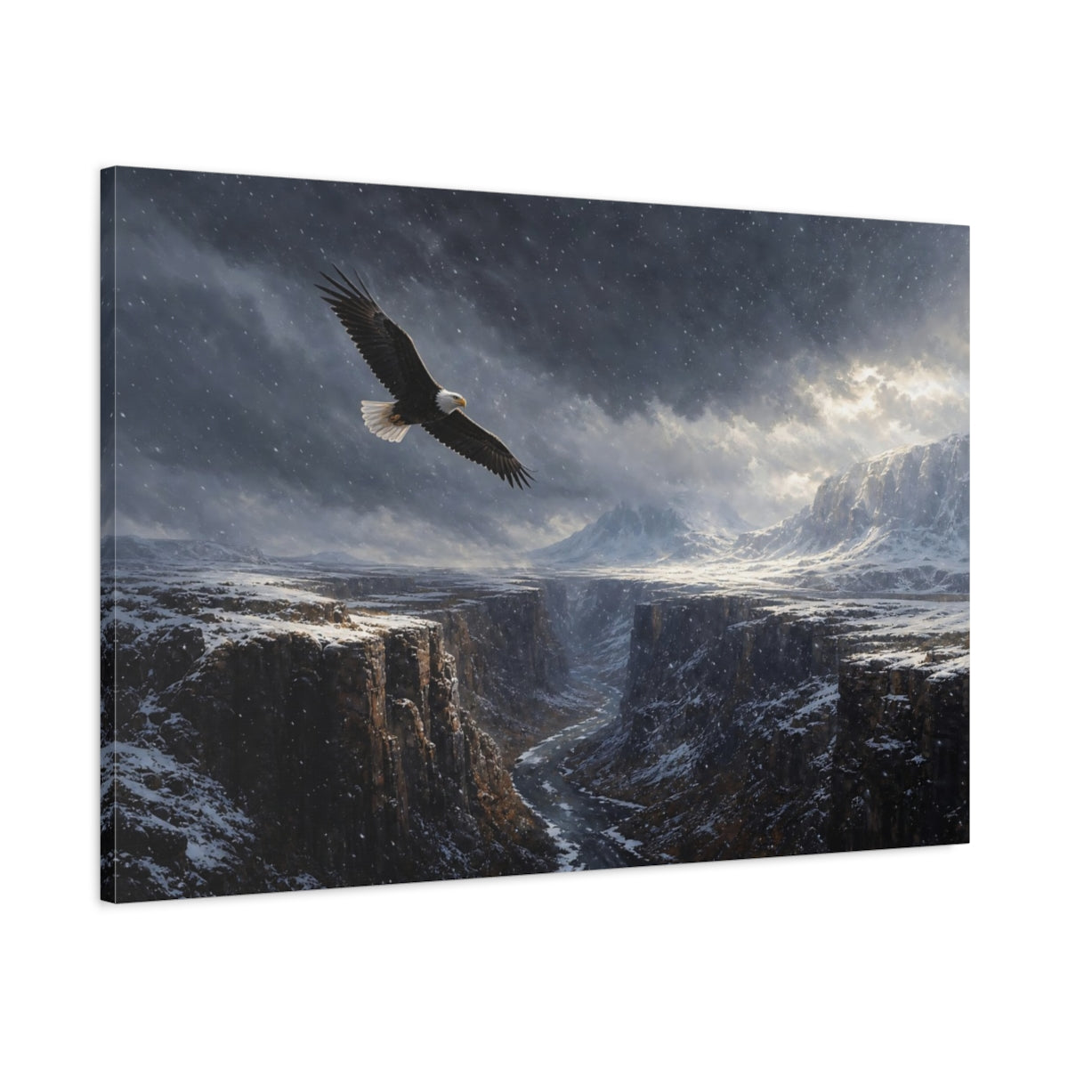 Main Mockup. Nature Eagle Snowy Canyon shown as stretched canvas wall art