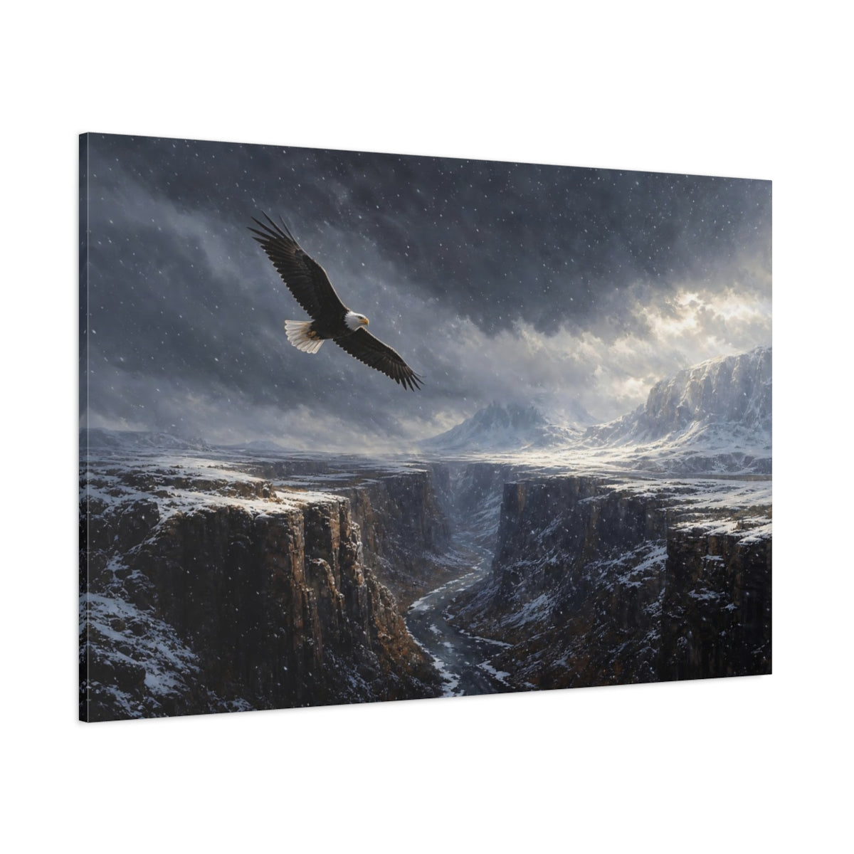 Side Mockup 1. Nature Eagle Snowy Canyon shown as stretched canvas wall art