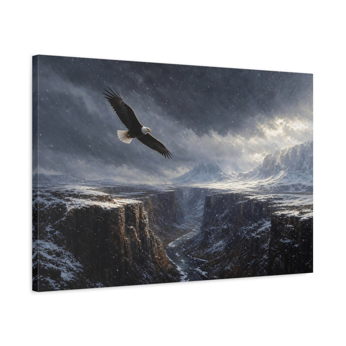 Side Mockup 2. Nature Eagle Snowy Canyon shown as stretched canvas wall art