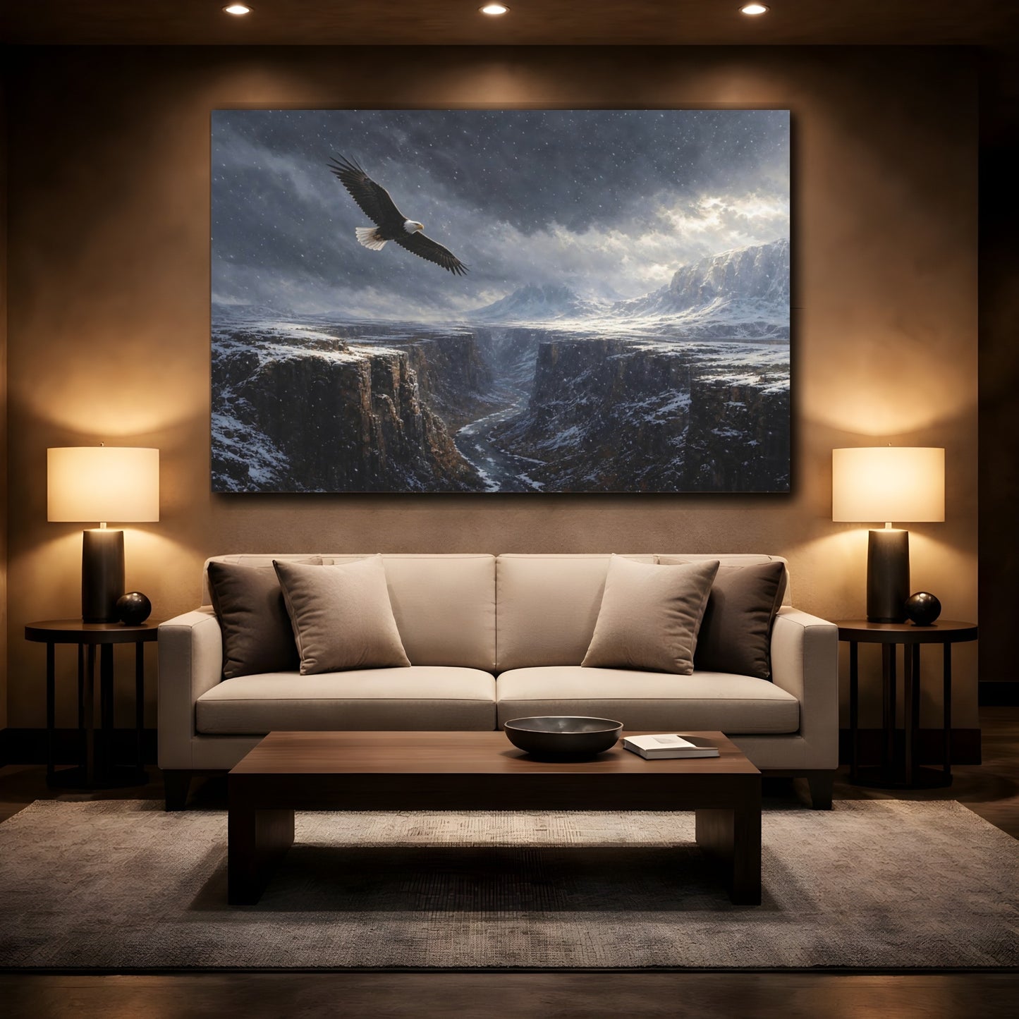 Mockup 2. Nature Eagle Snowy Canyon shown as stretched canvas wall art