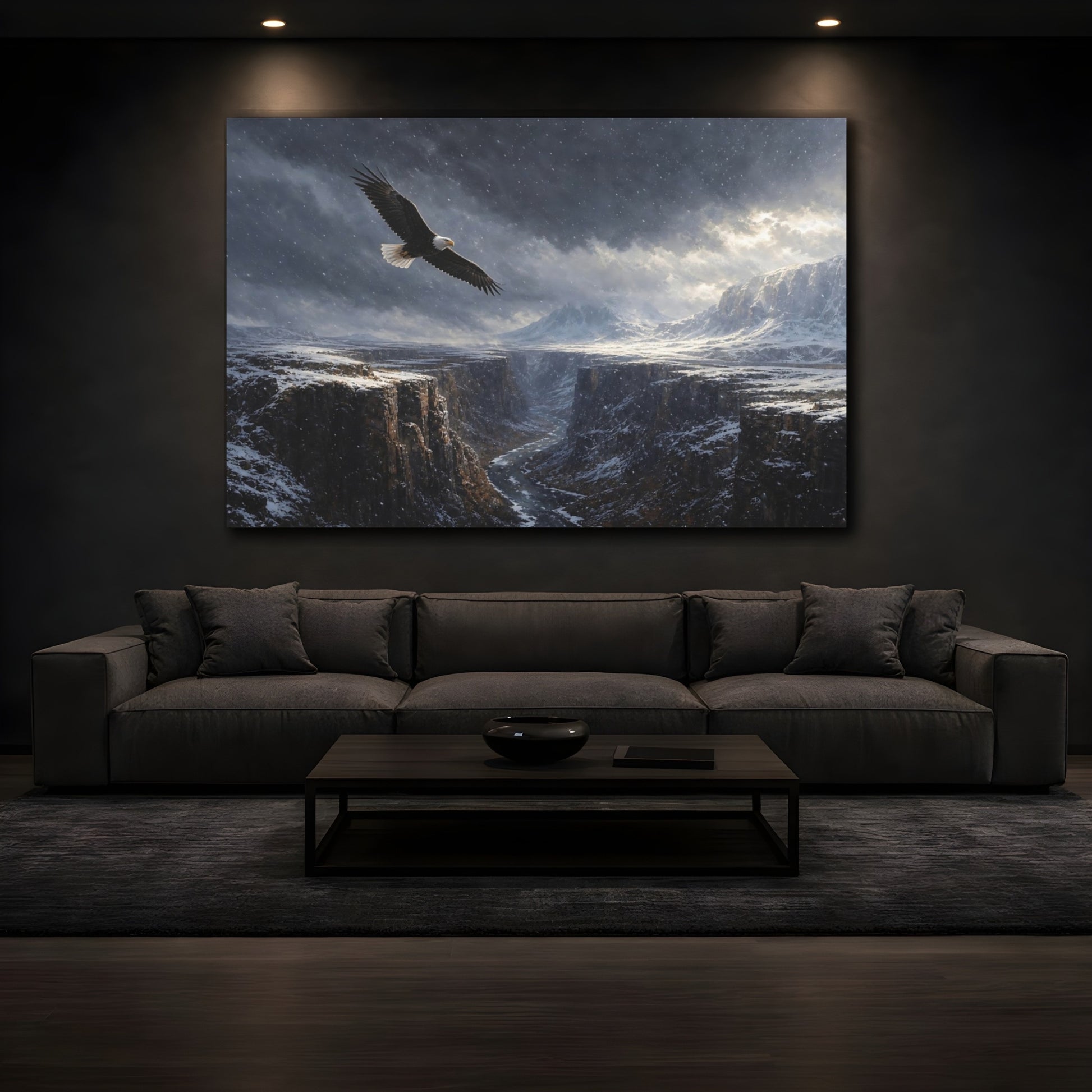 Mockup 3. Nature Eagle Snowy Canyon shown as stretched canvas wall art
